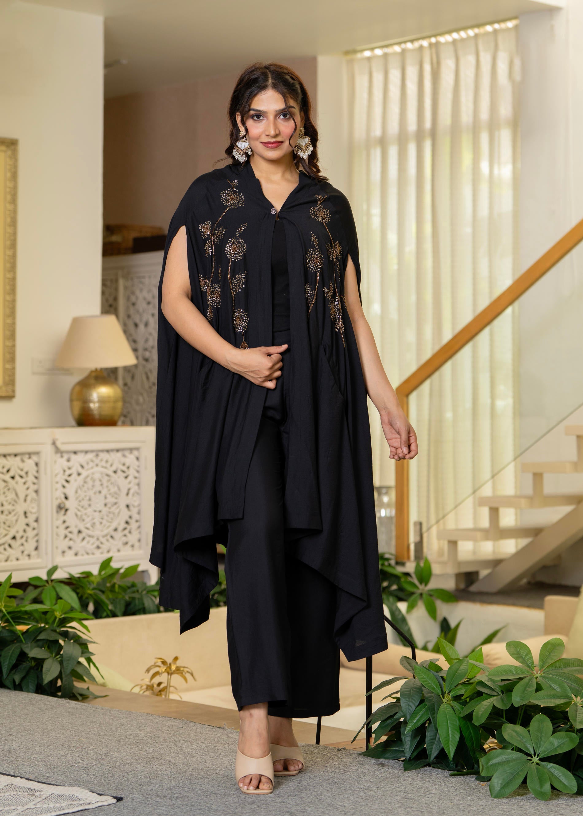 Black Embroidered Cape Co-Ord Set