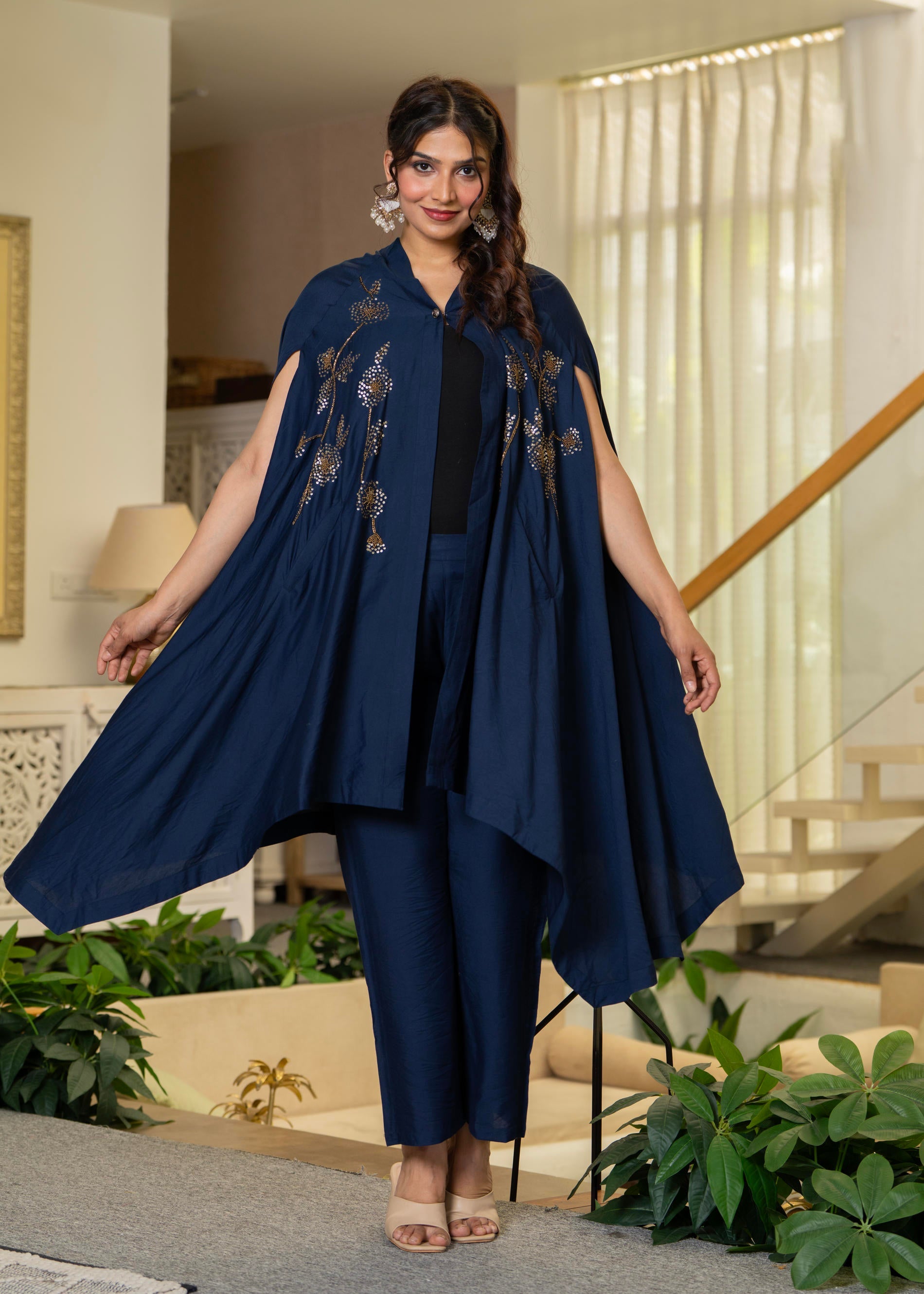 Navy Embellished Kaftan & Pant Co-ord Set with Sequins and Beads