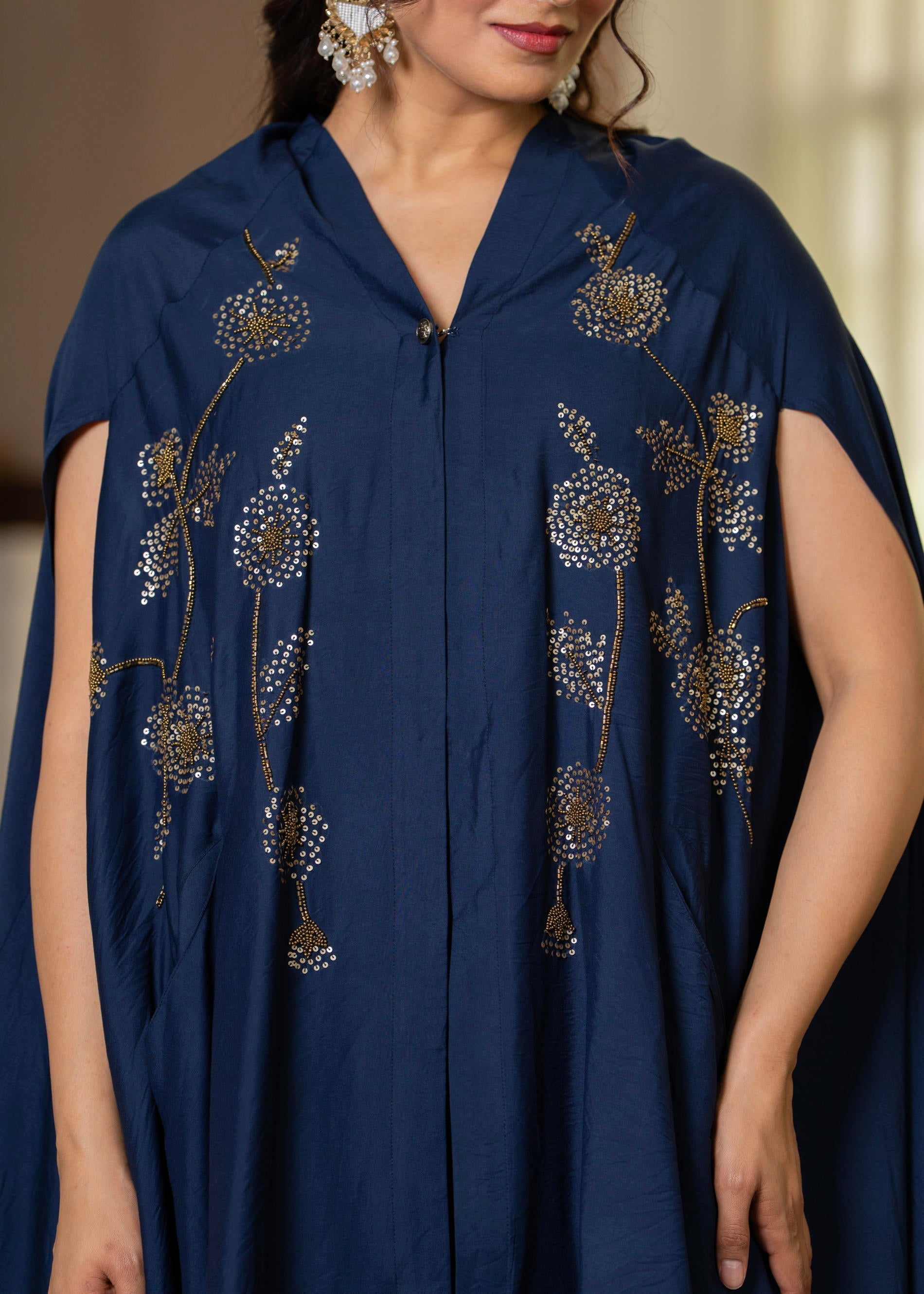 Navy Embellished Kaftan & Pant Co-ord Set with Sequins and Beads