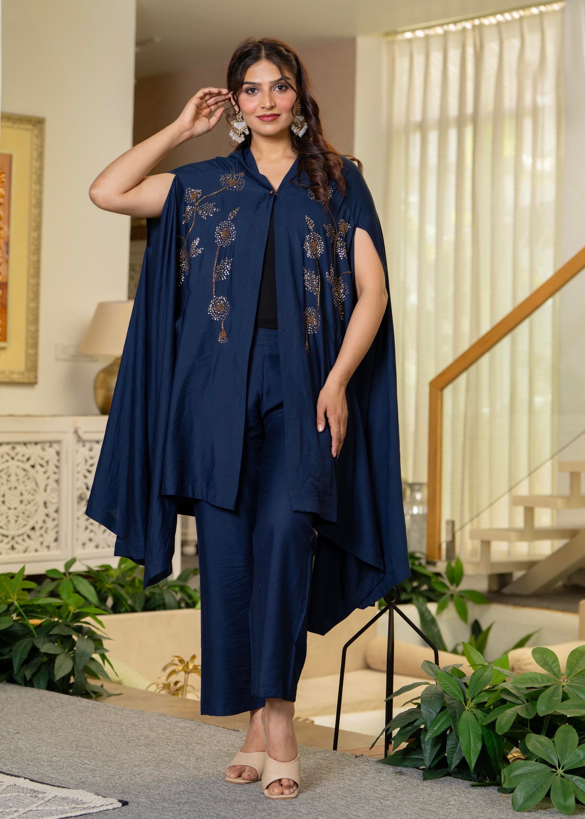 Navy Embellished Kaftan & Pant Co-ord Set with Sequins and Beads
