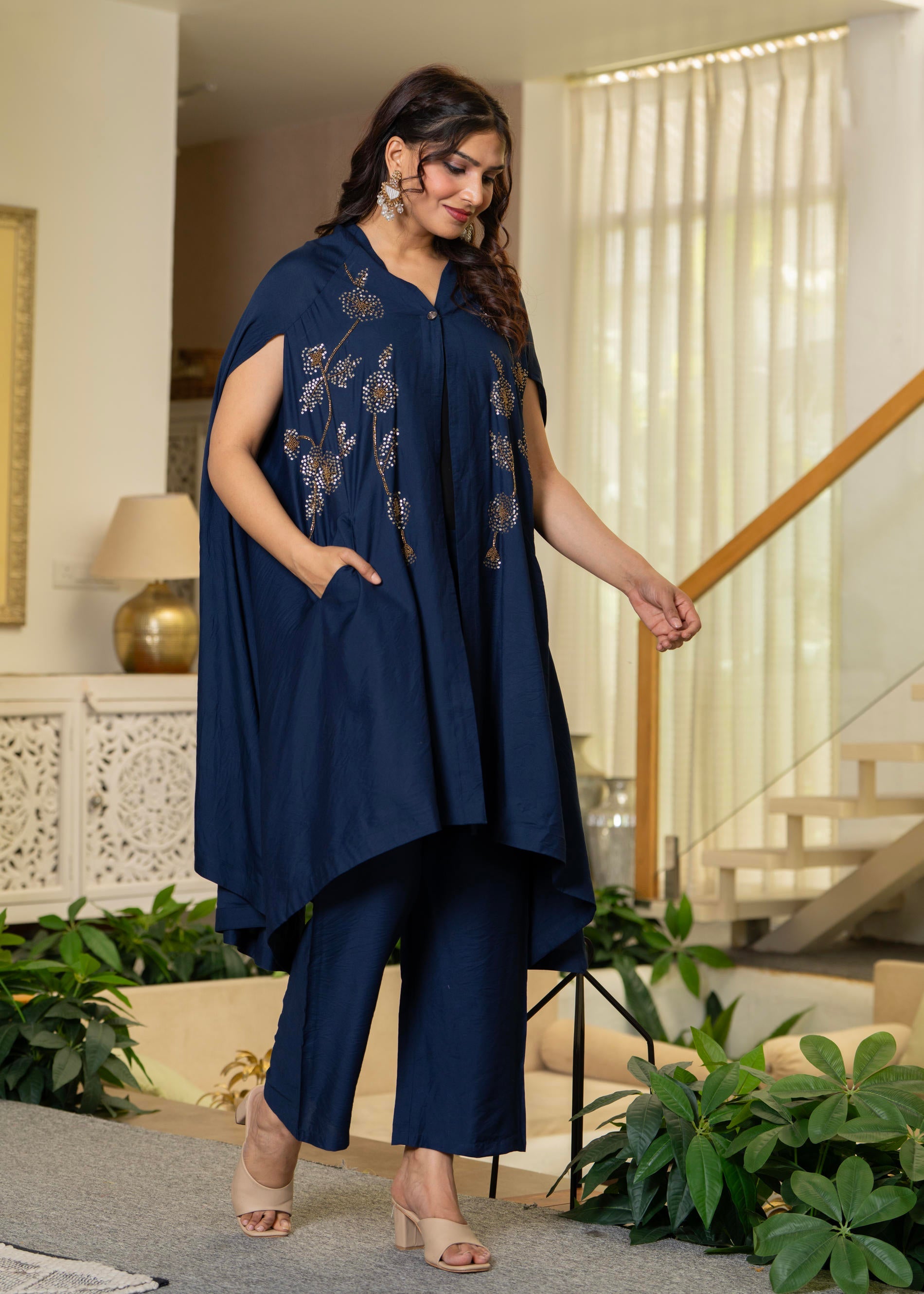 Navy Embellished Kaftan & Pant Co-ord Set with Sequins and Beads