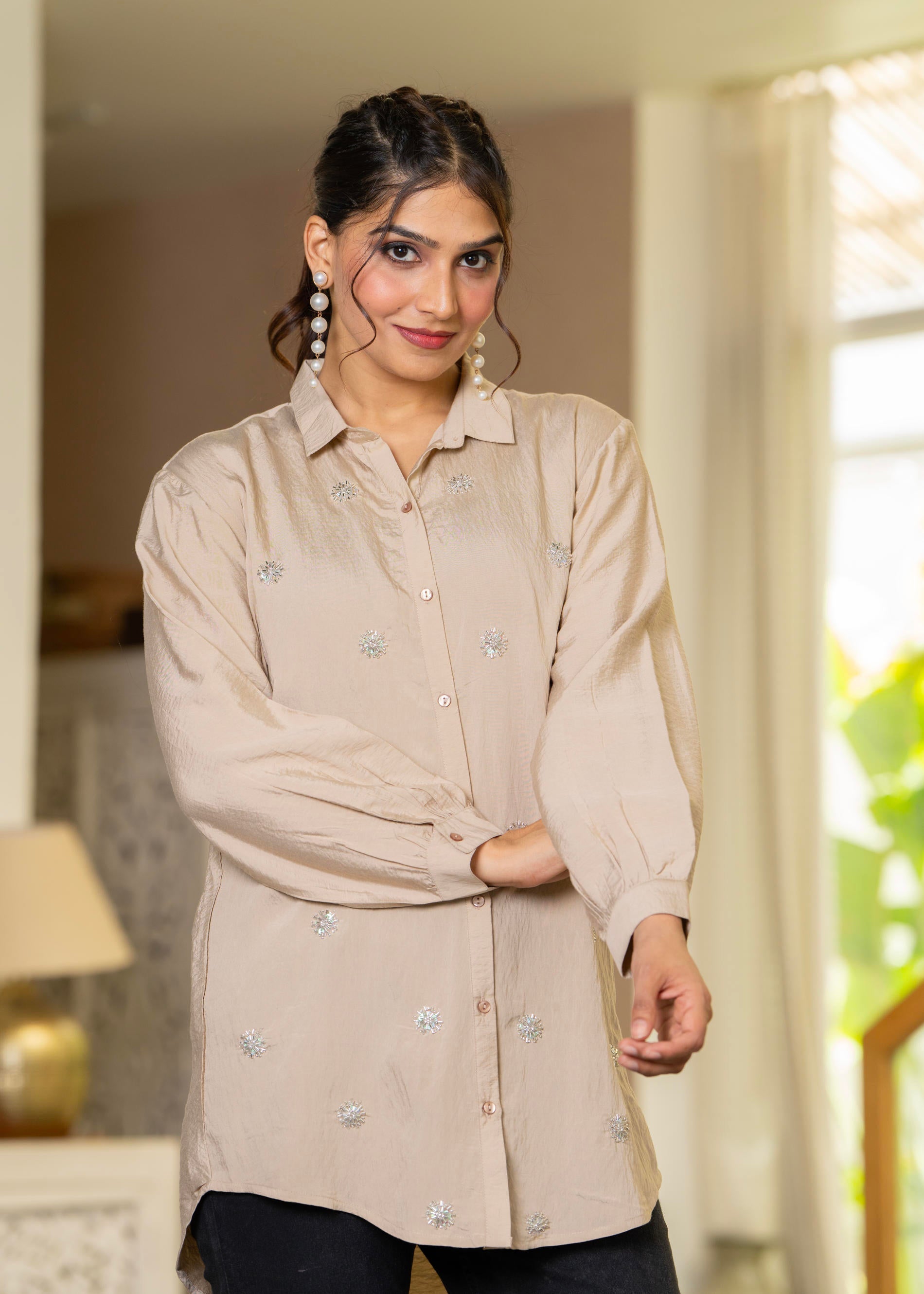 Ivory Solid Viscose Shirt with Beads and Sequence Work