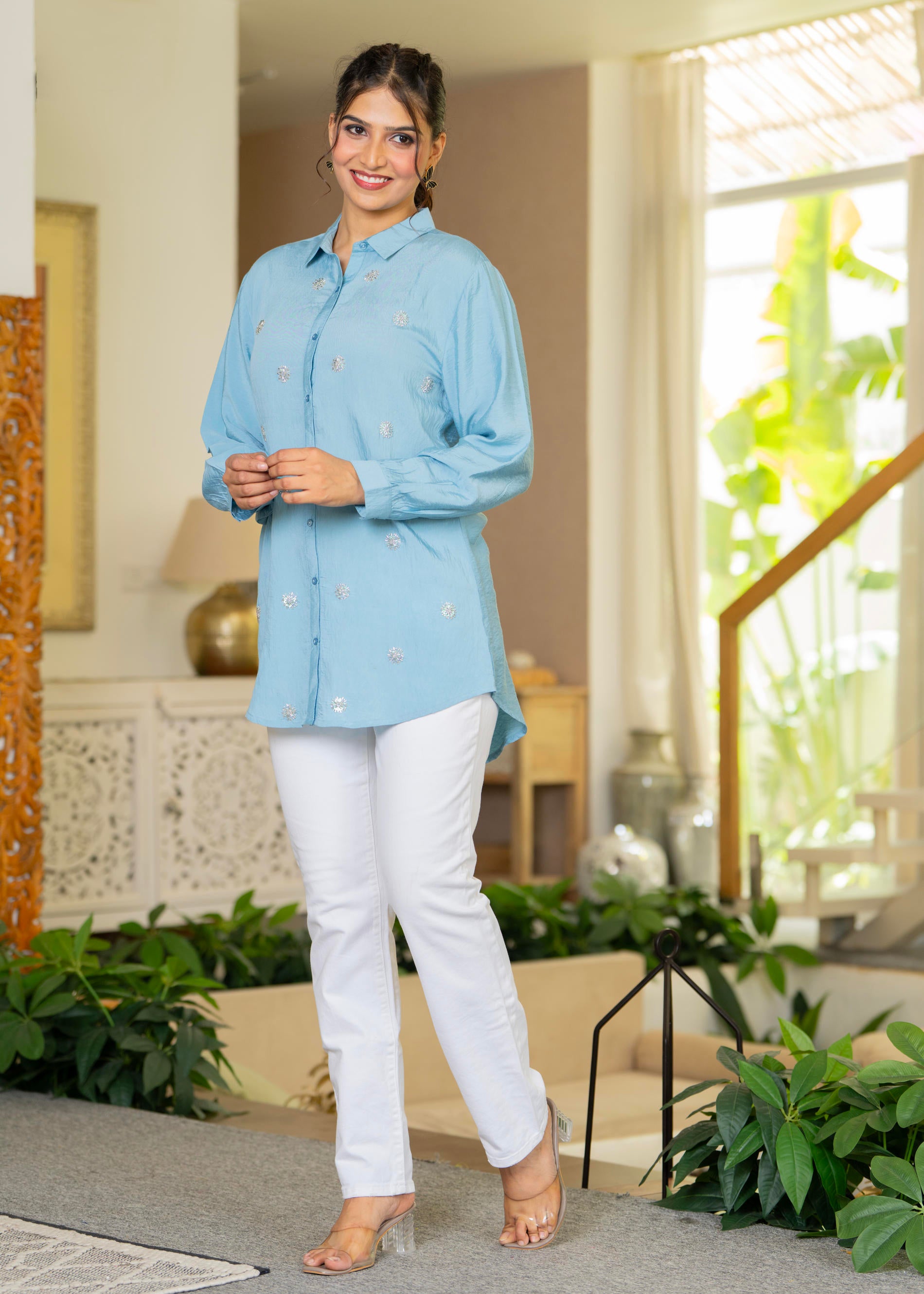 Steel Blue Solid Viscose Shirt with Beads and Sequence Work