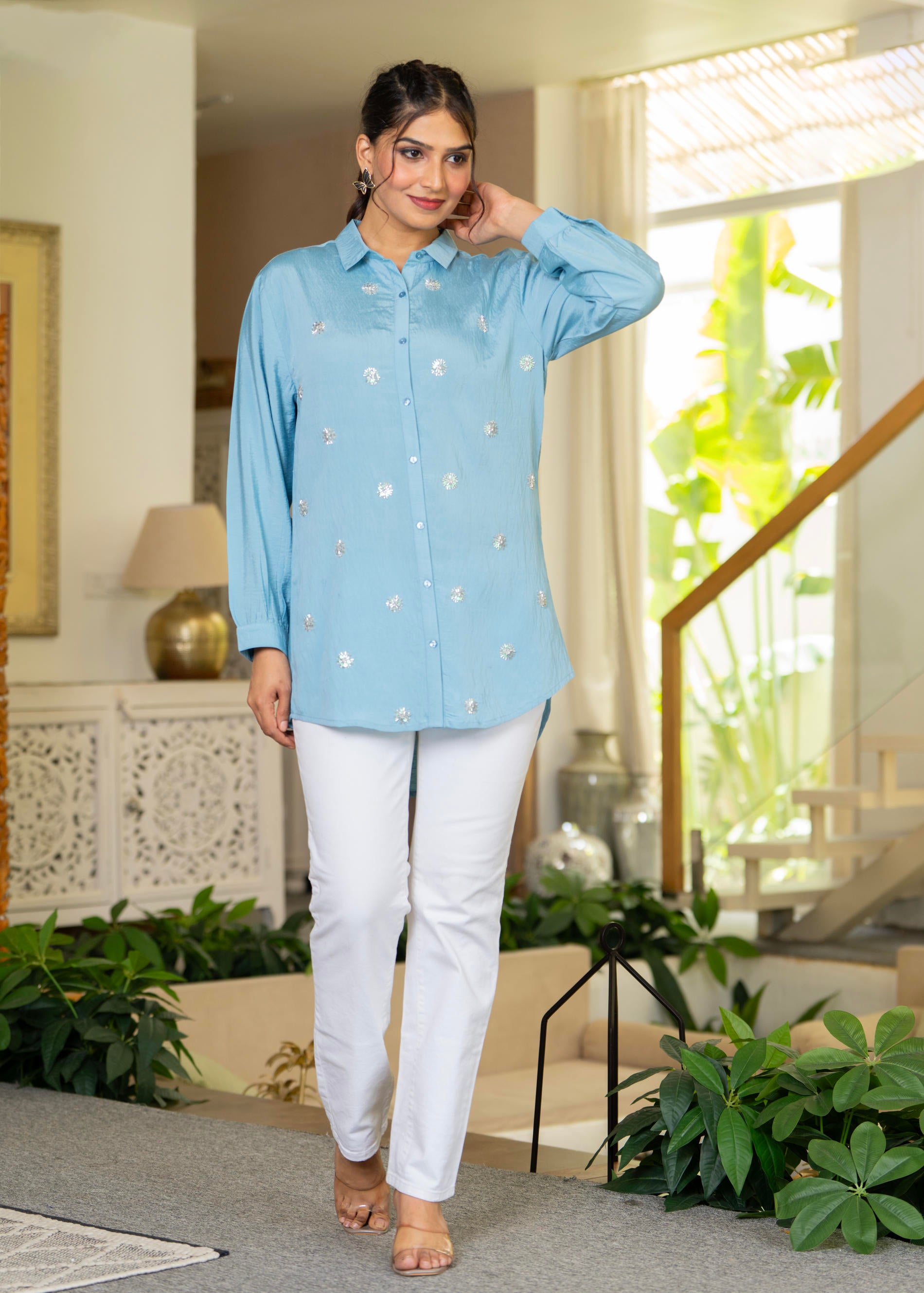 Steel Blue Solid Viscose Shirt with Beads and Sequence Work
