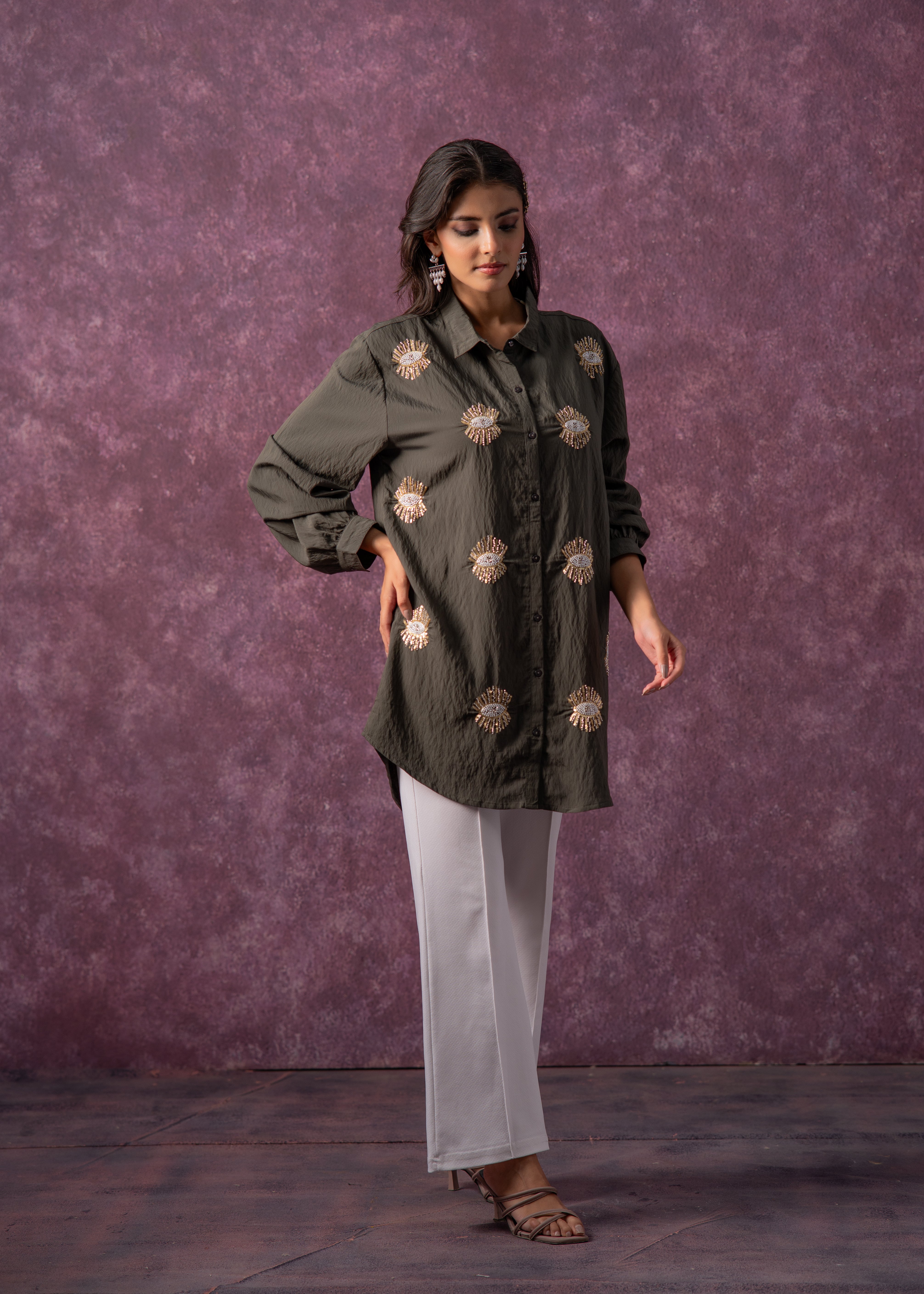 Olive Green Embellished Shirt Tunic with Beaded Eye Motifs