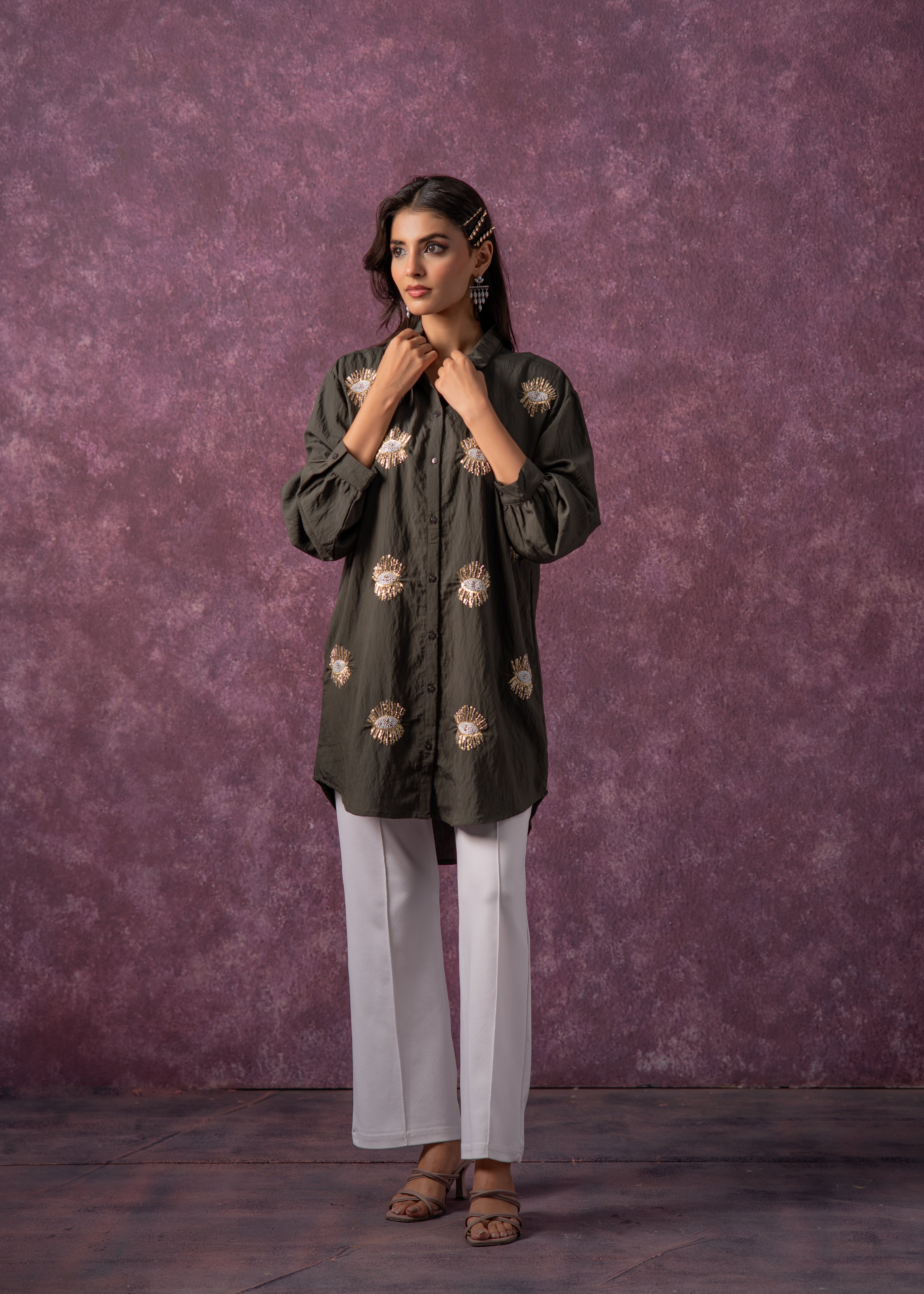 Olive Green Embellished Shirt Tunic with Beaded Eye Motifs