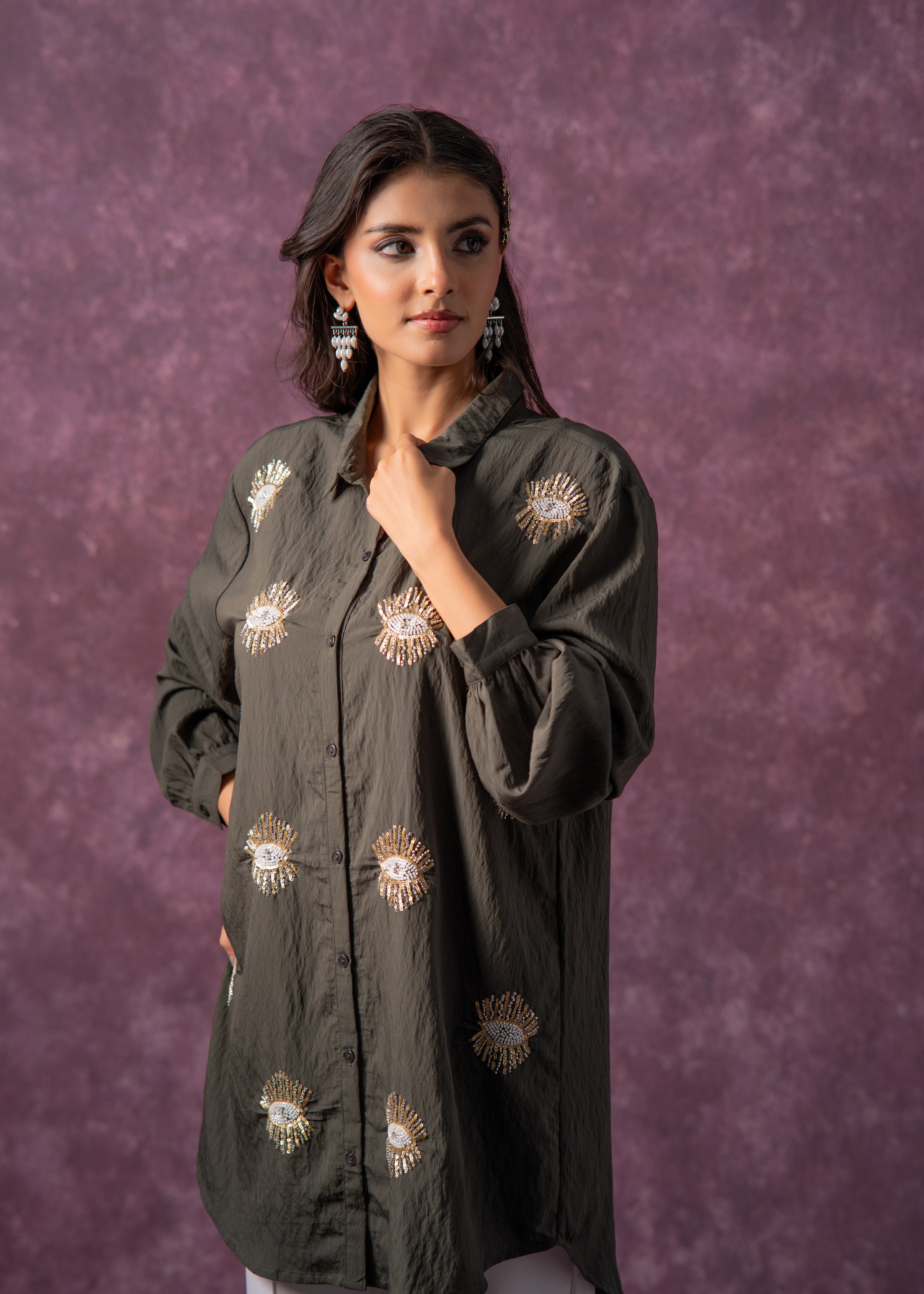 Olive Green Embellished Shirt Tunic with Beaded Eye Motifs