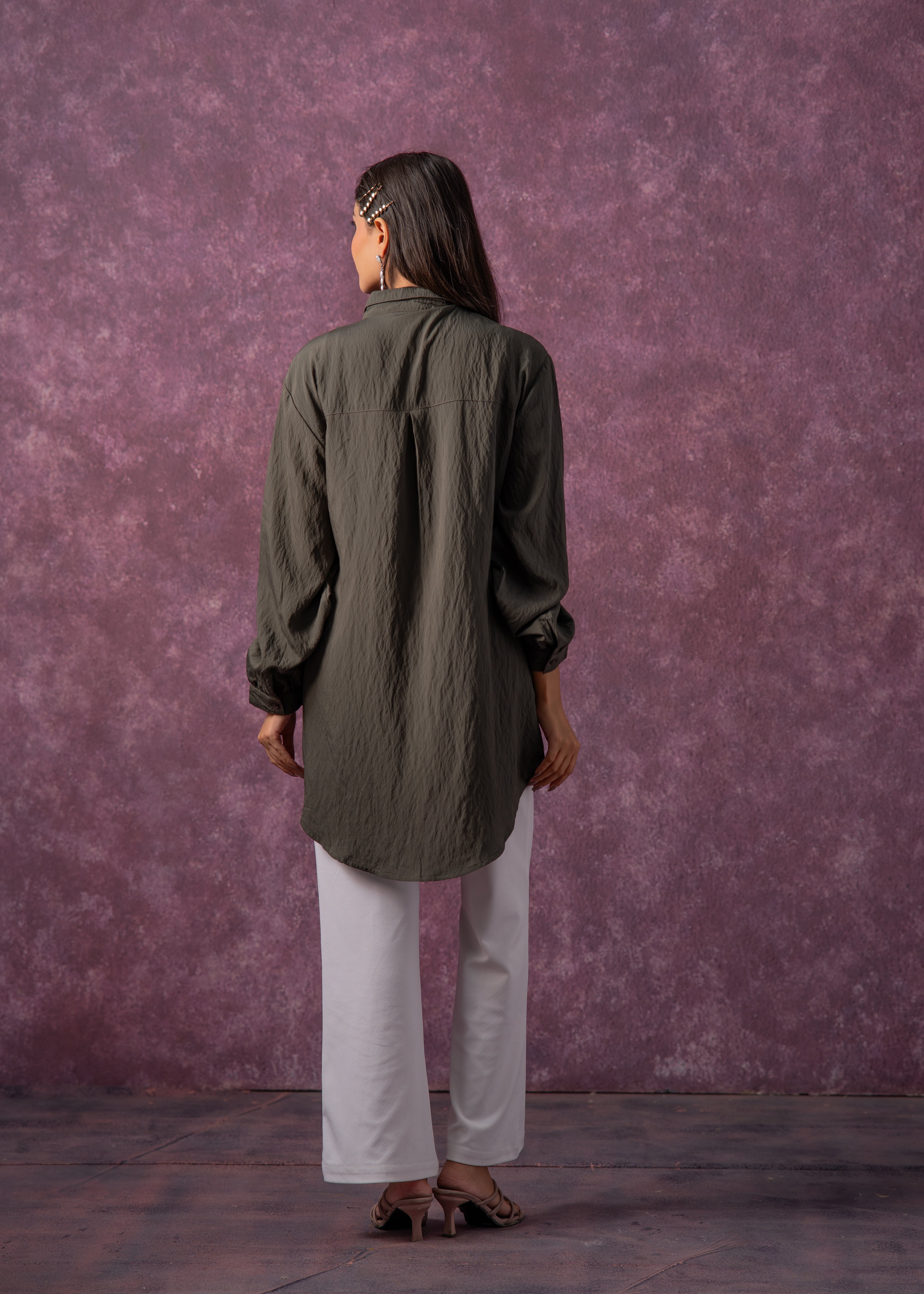 Olive Green Embellished Shirt Tunic with Beaded Eye Motifs