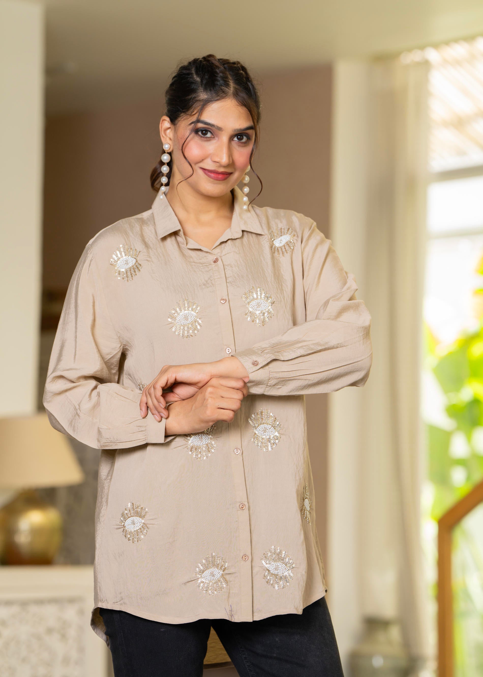 Ivory Solid Viscose Shirt with Beads and Sequence Work