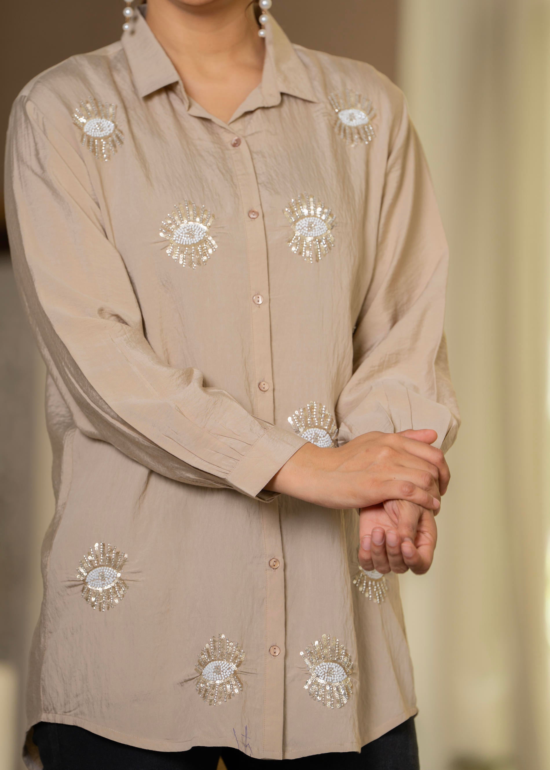 Ivory Solid Viscose Shirt with Beads and Sequence Work
