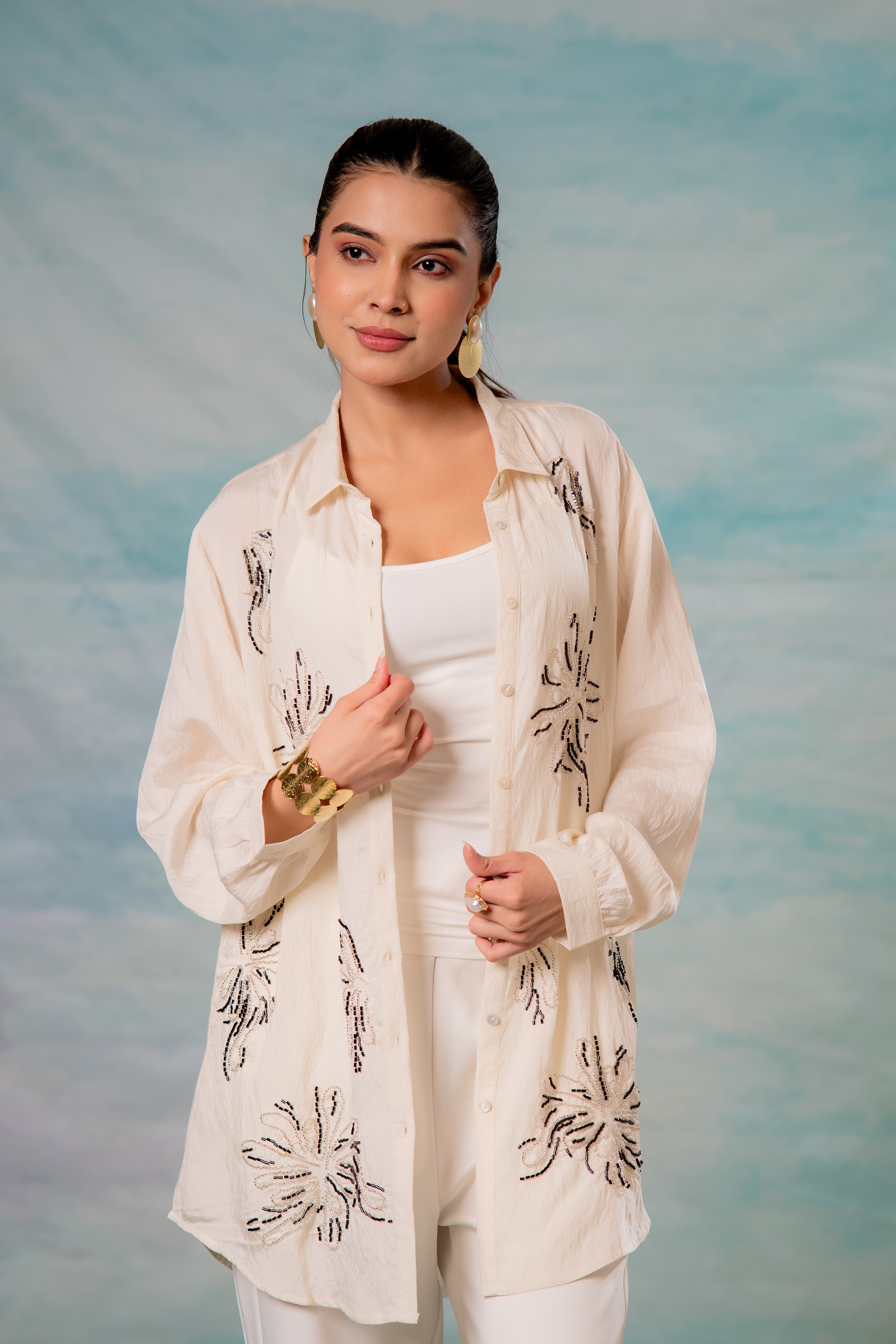 Viscose Offwhite Embellished Shirt with Bead Details