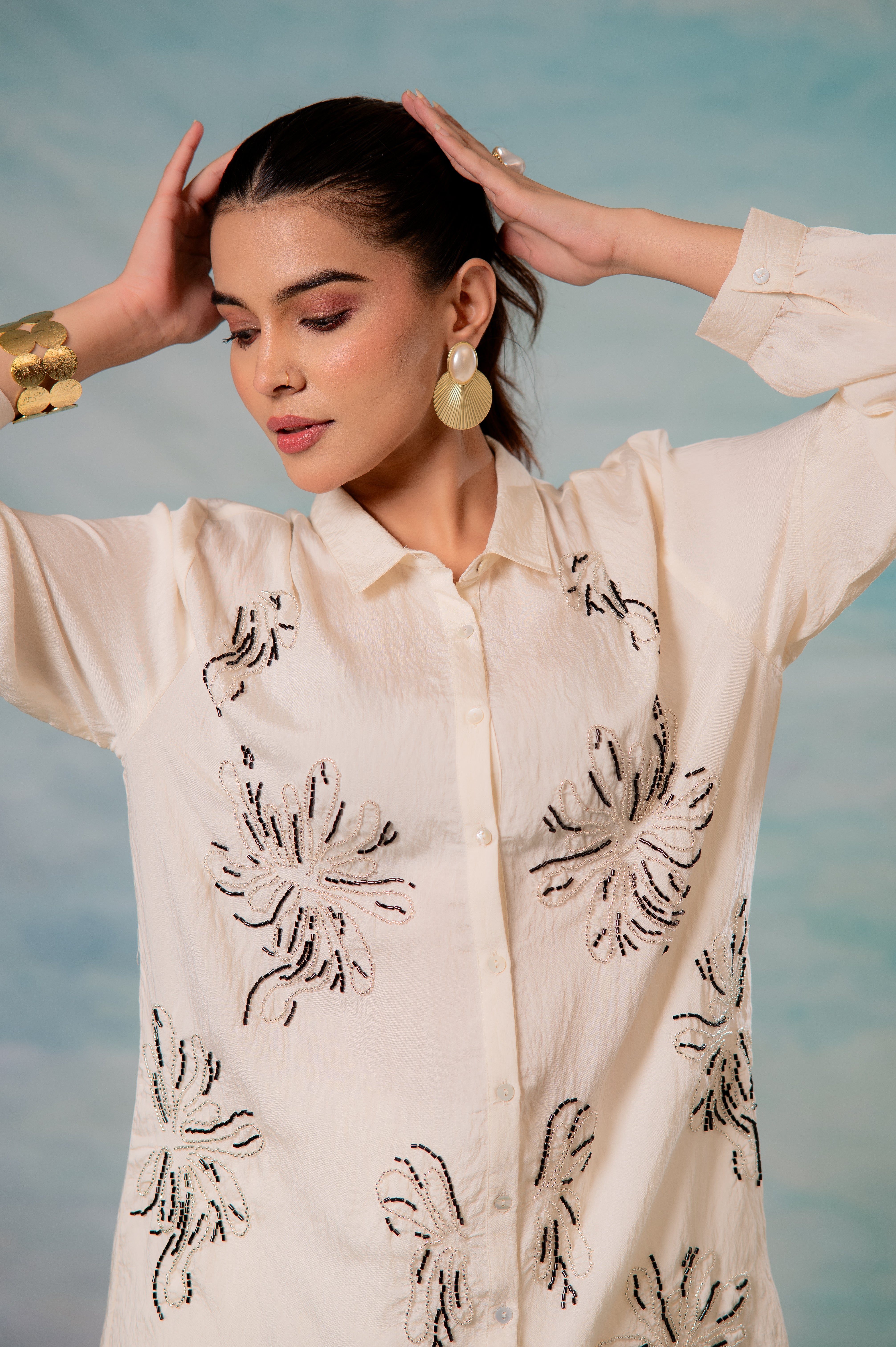 Viscose Offwhite Embellished Shirt with Bead Details