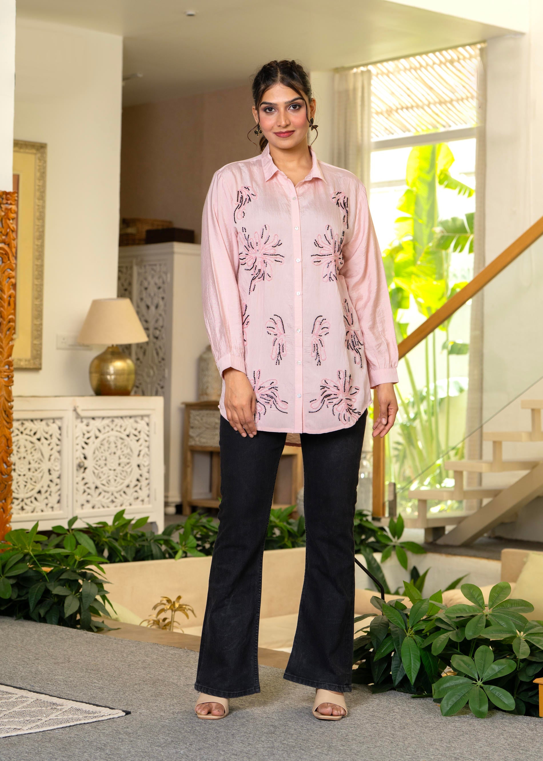 Women Pink Solid Viscose Shirt with Beads Work