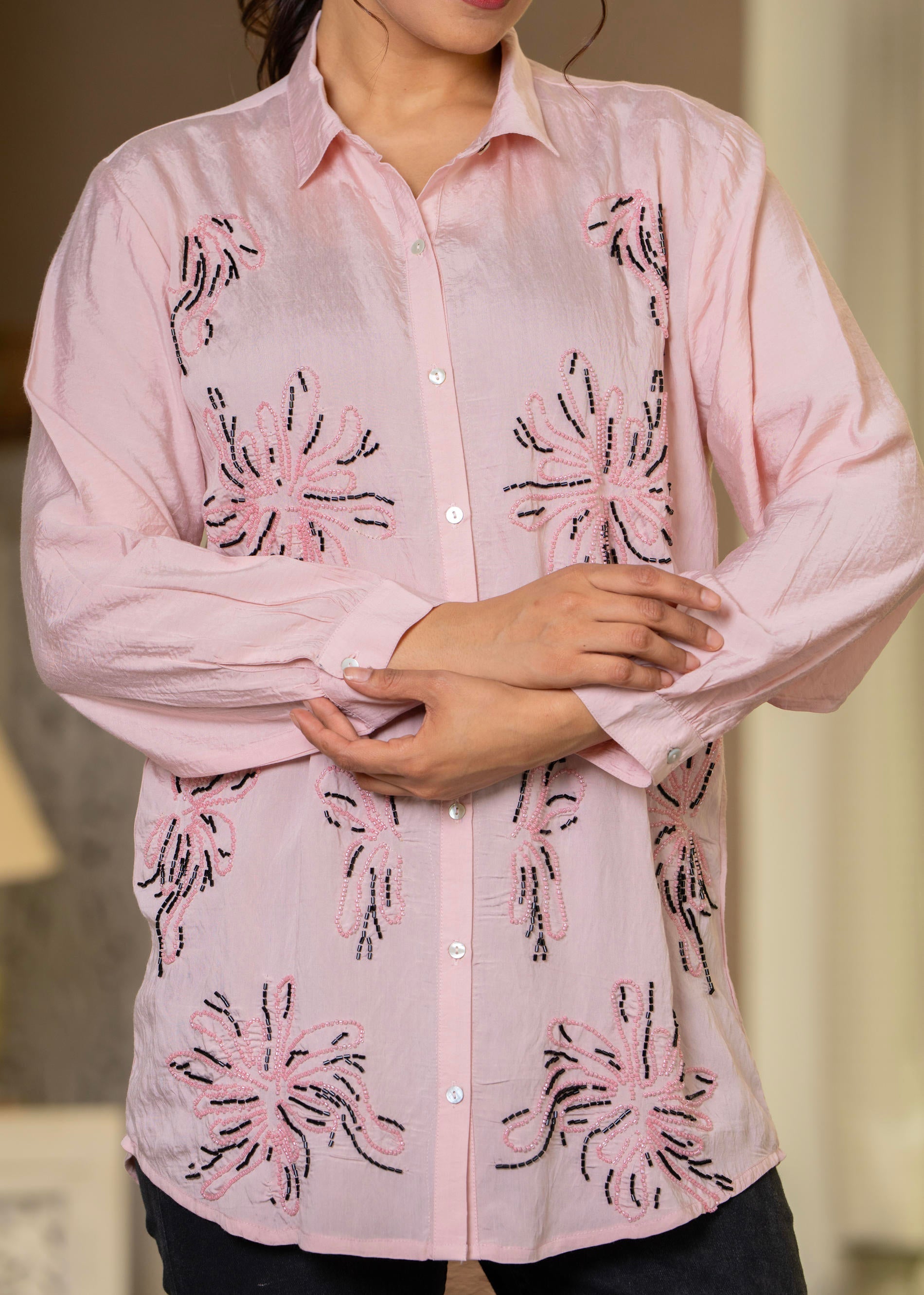 Women Pink Solid Viscose Shirt with Beads Work