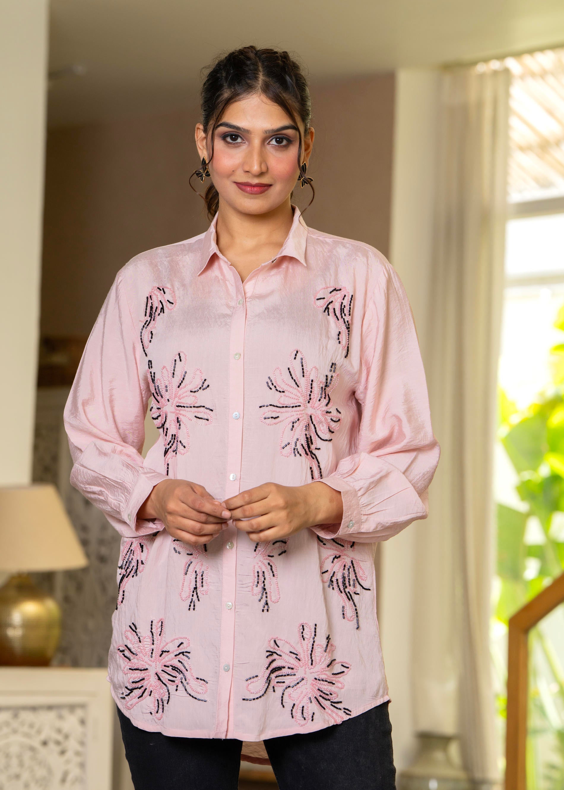 Women Pink Solid Viscose Shirt with Beads Work