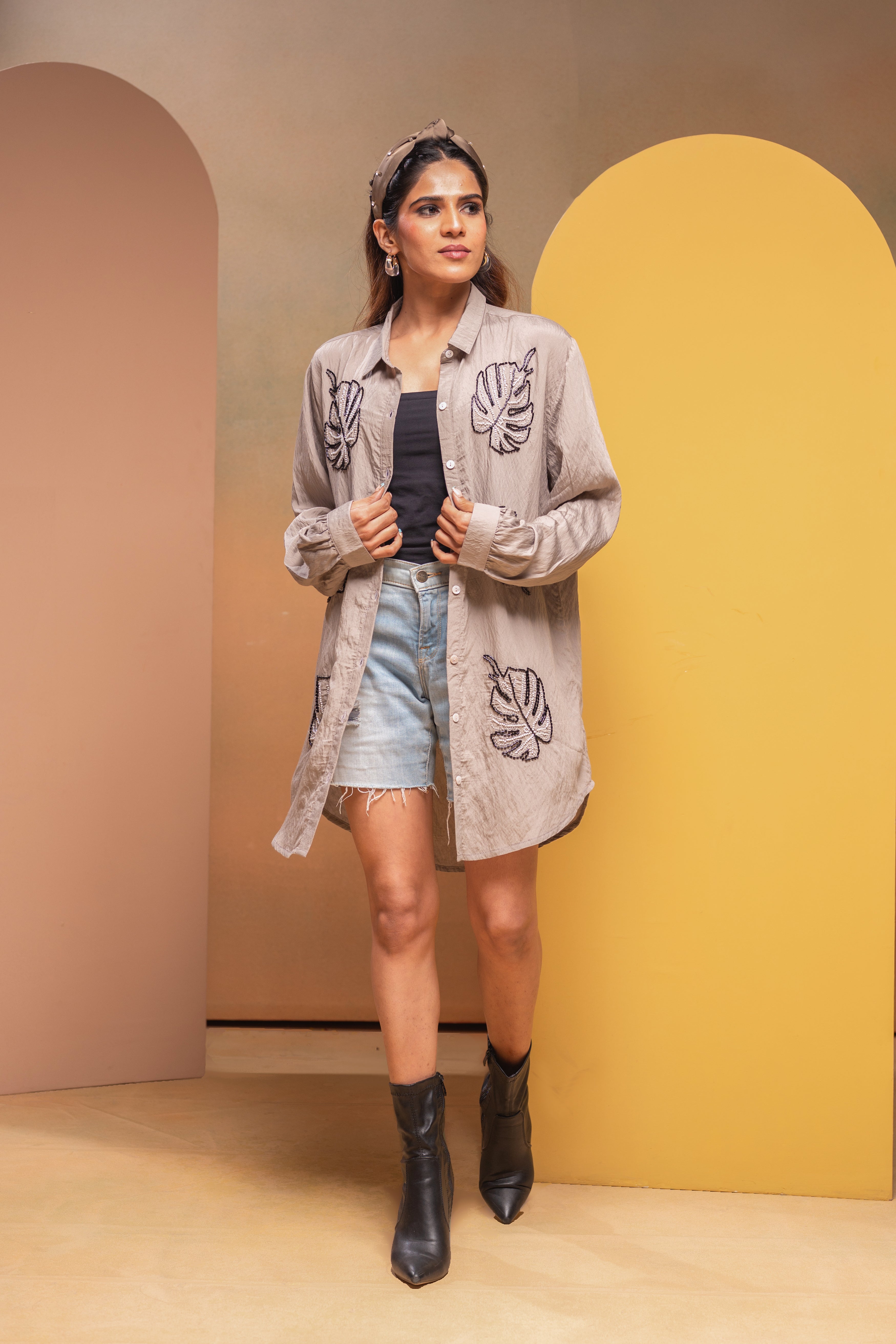 Grey Solid Viscose Shirt with Beads Work