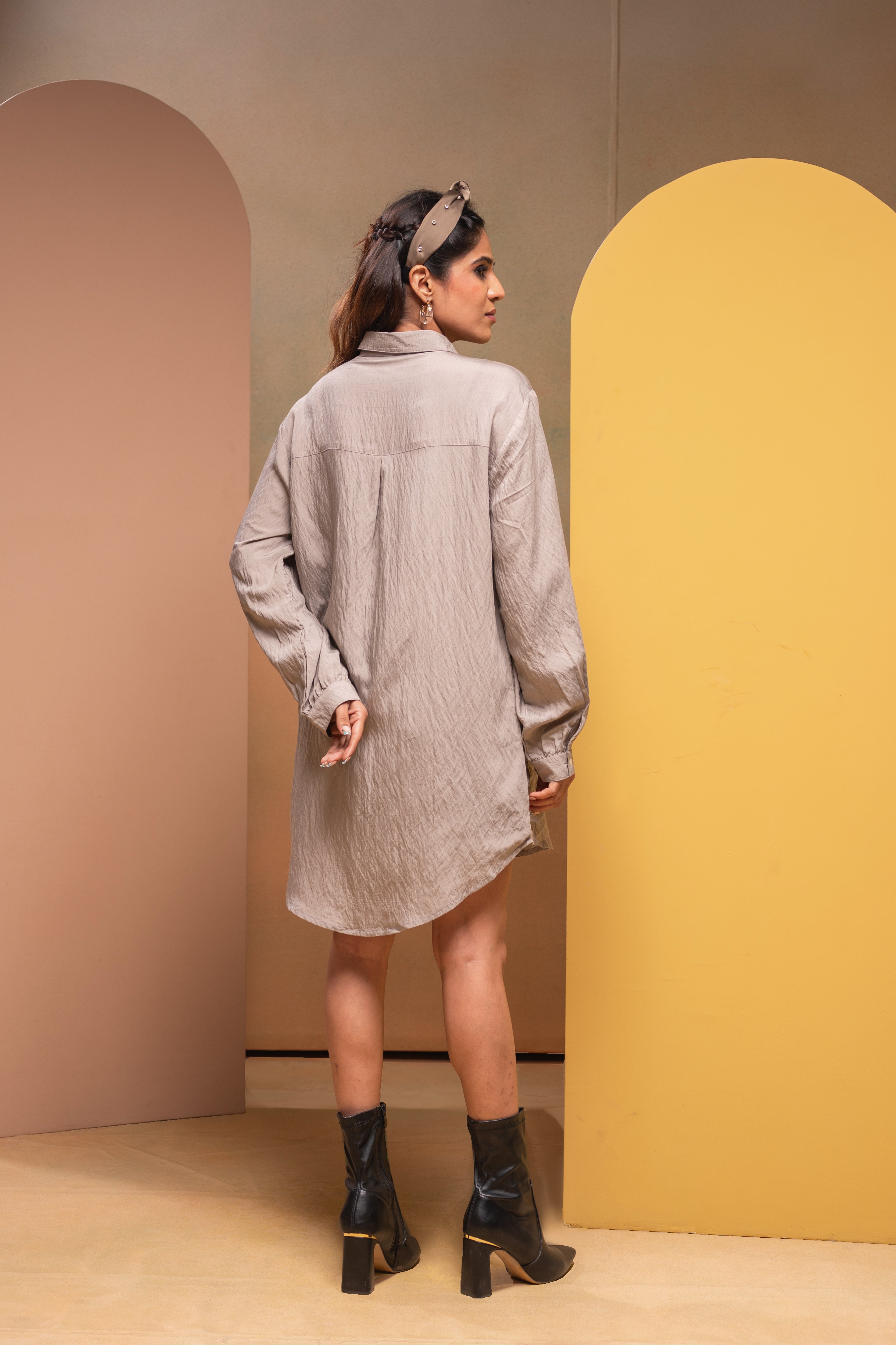 Grey Solid Viscose Shirt with Beads Work