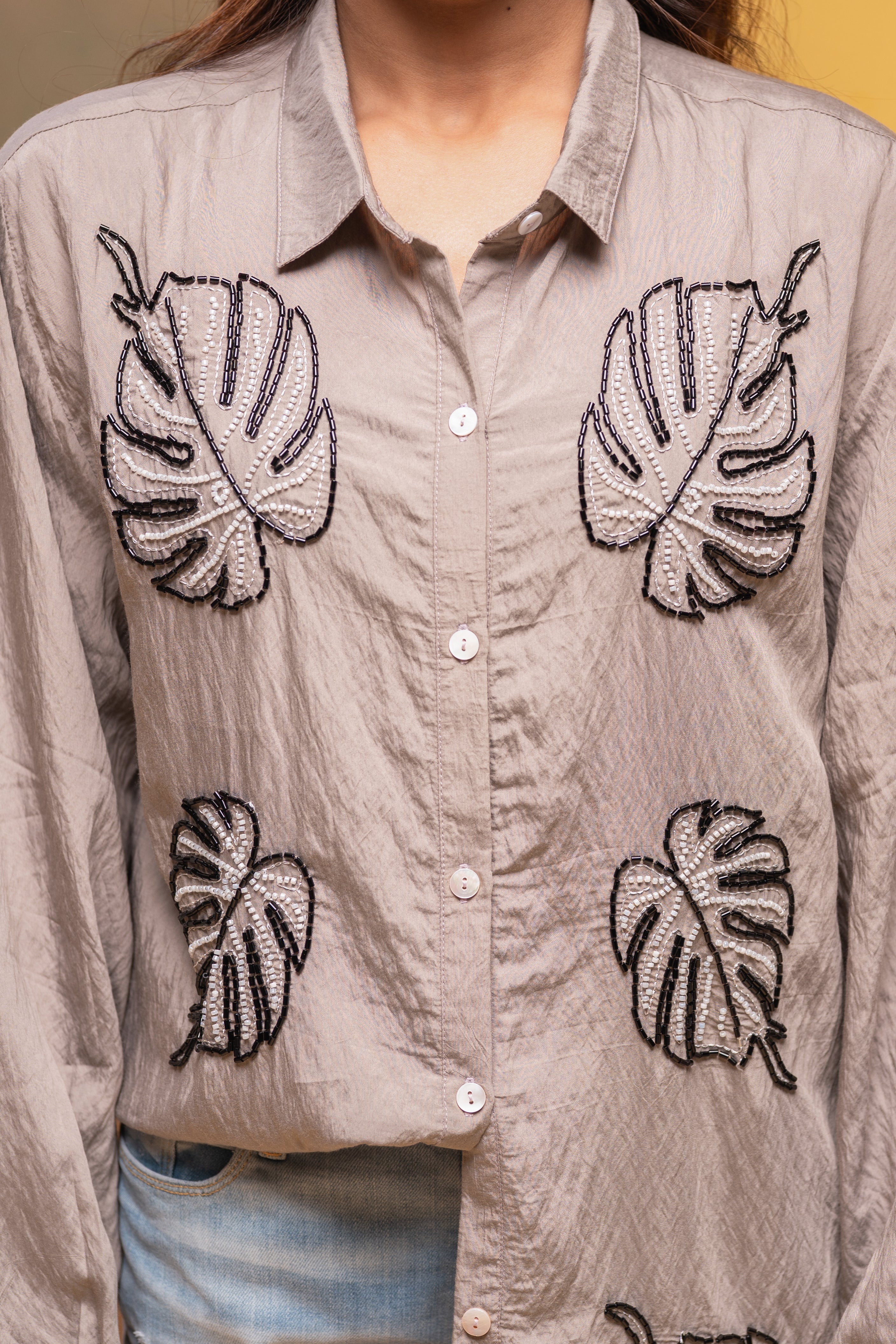 Grey Solid Viscose Shirt with Beads Work