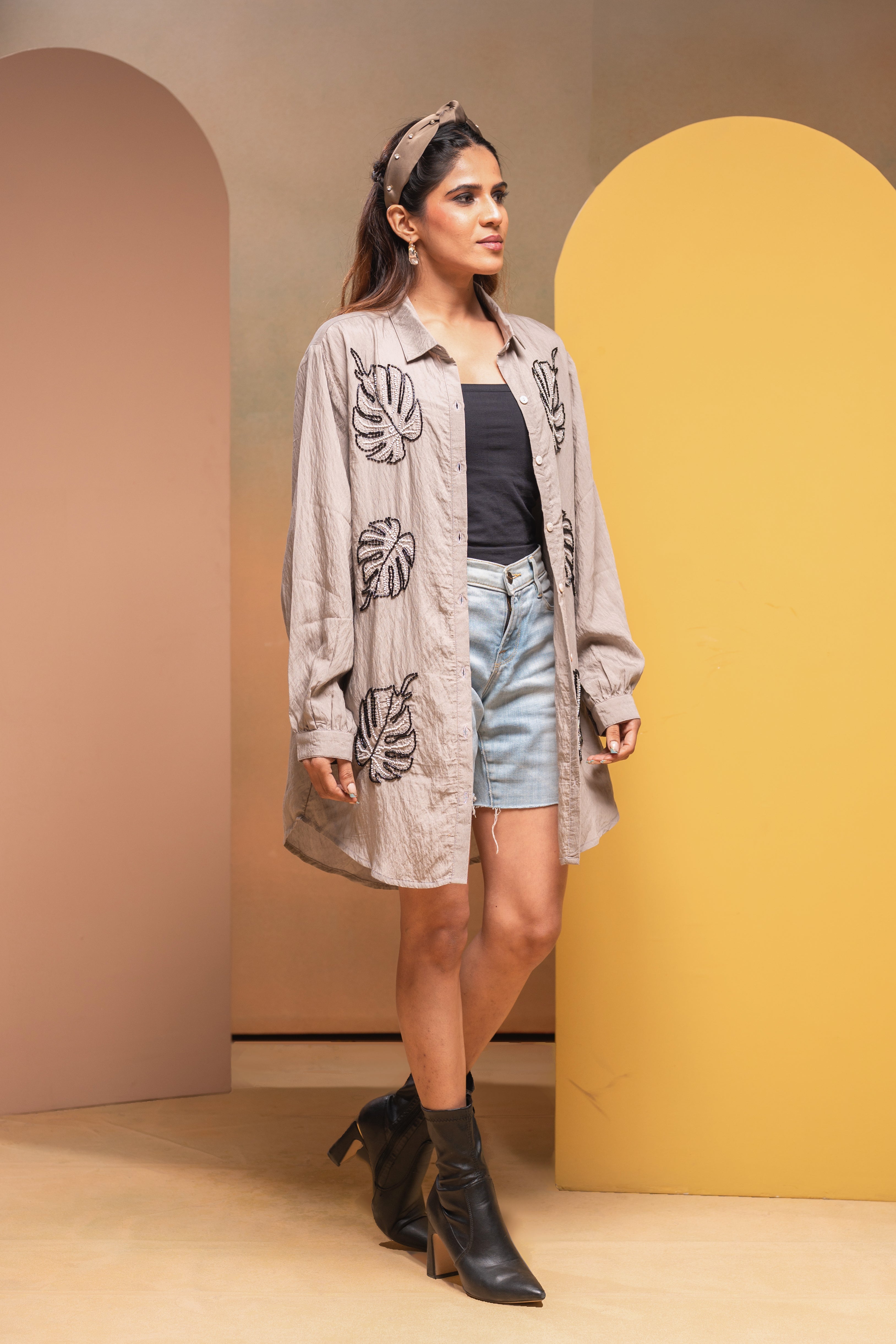 Grey Solid Viscose Shirt with Beads Work