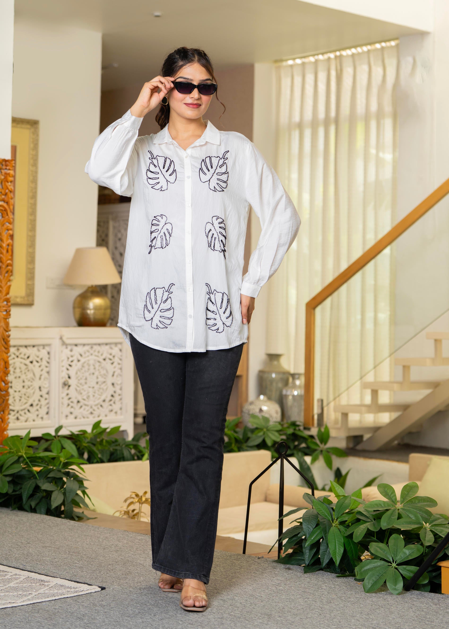 White Solid Viscose Shirt with Beads Work