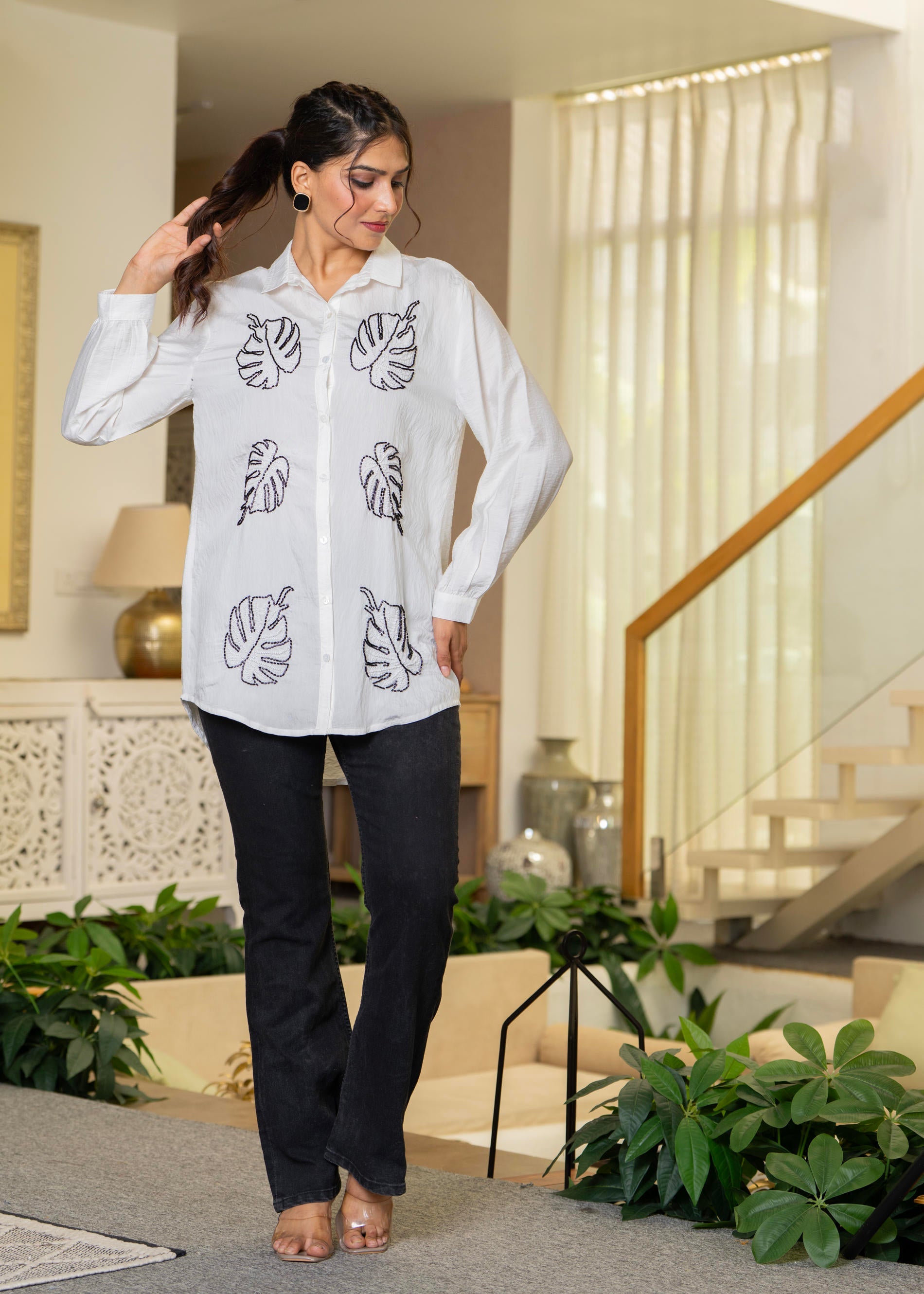 White Solid Viscose Shirt with Beads Work