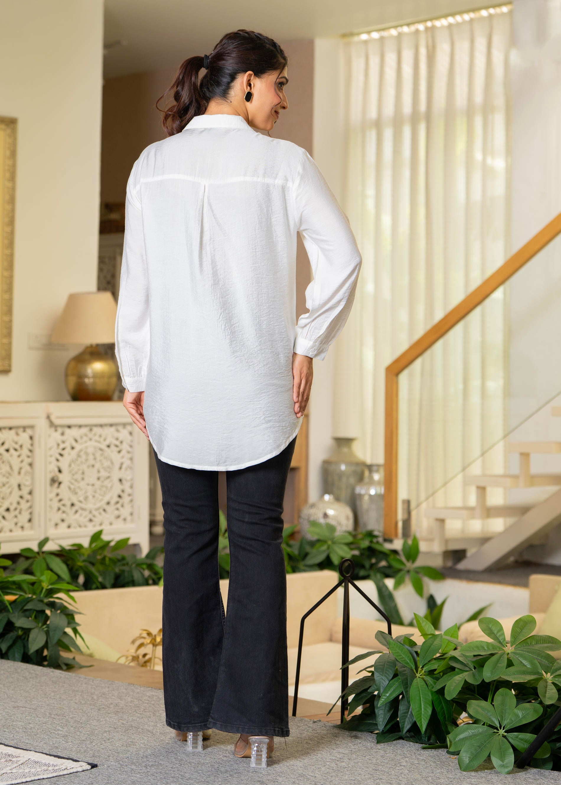 White Solid Viscose Shirt with Beads Work