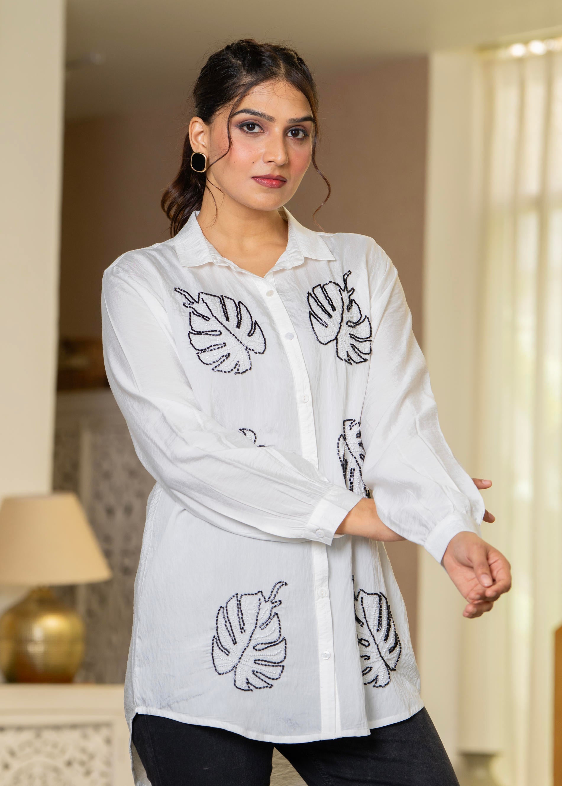 White Solid Viscose Shirt with Beads Work