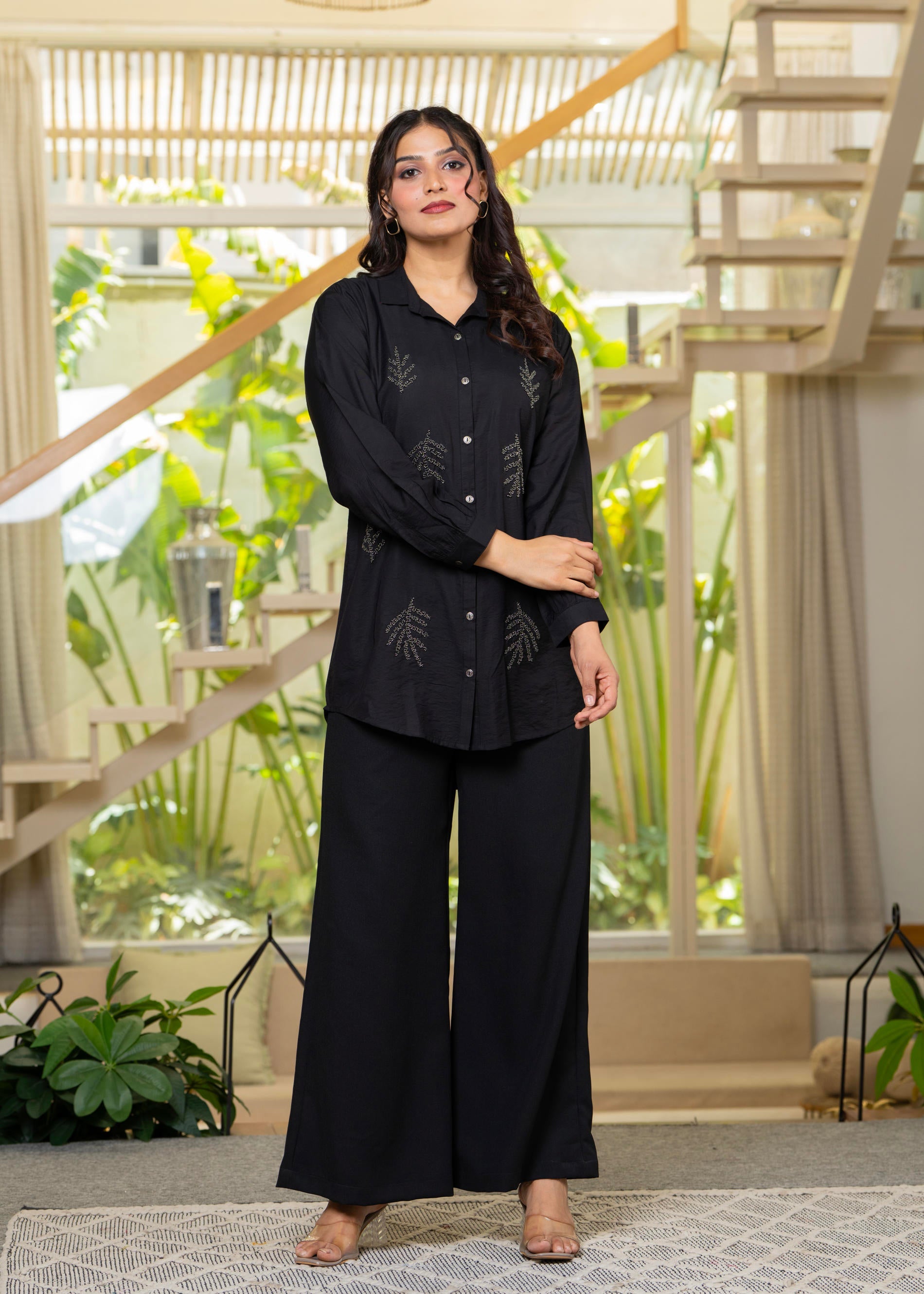 Black Solid Viscose Shirt with Beads Work