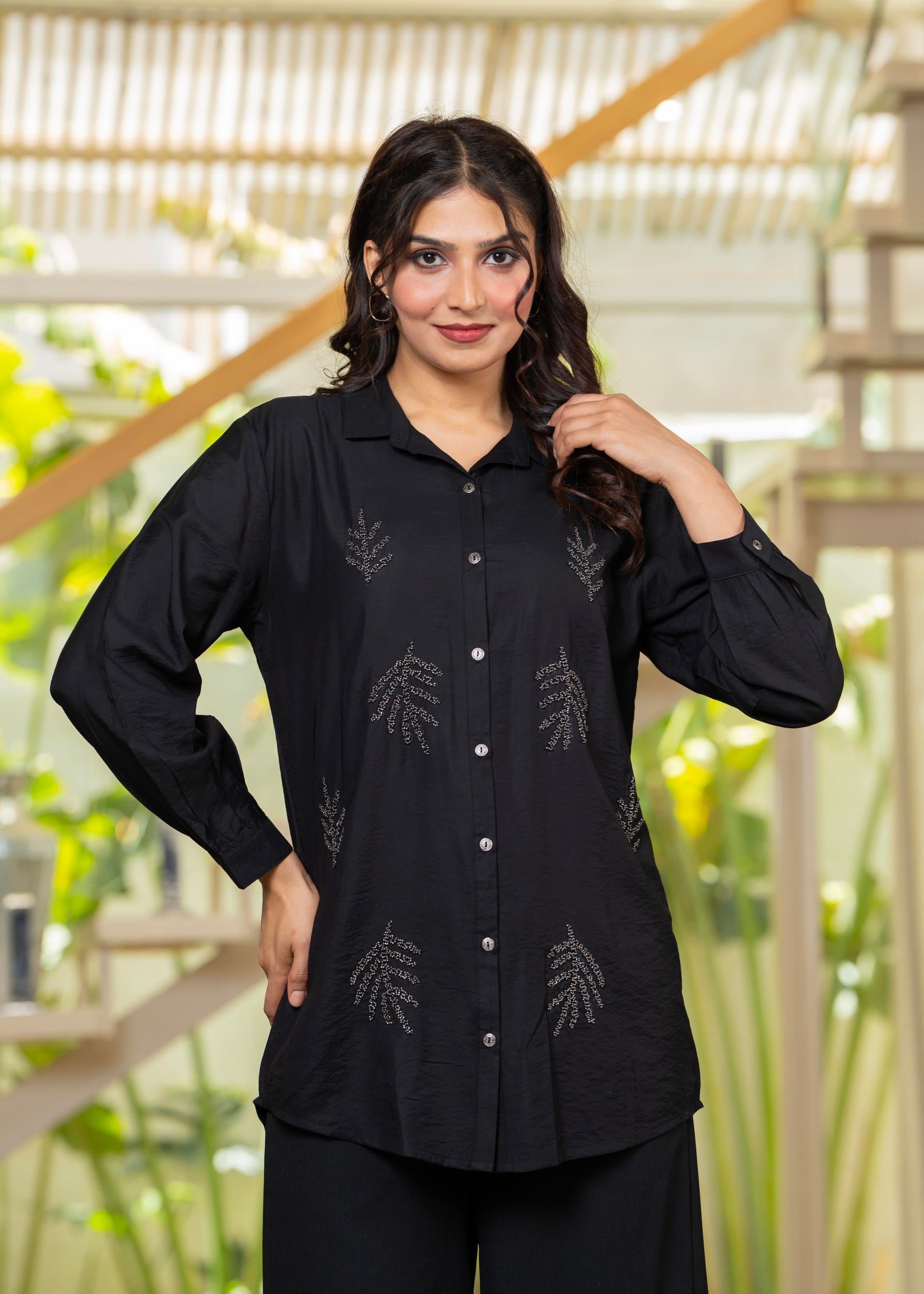 Black Solid Viscose Shirt with Beads Work