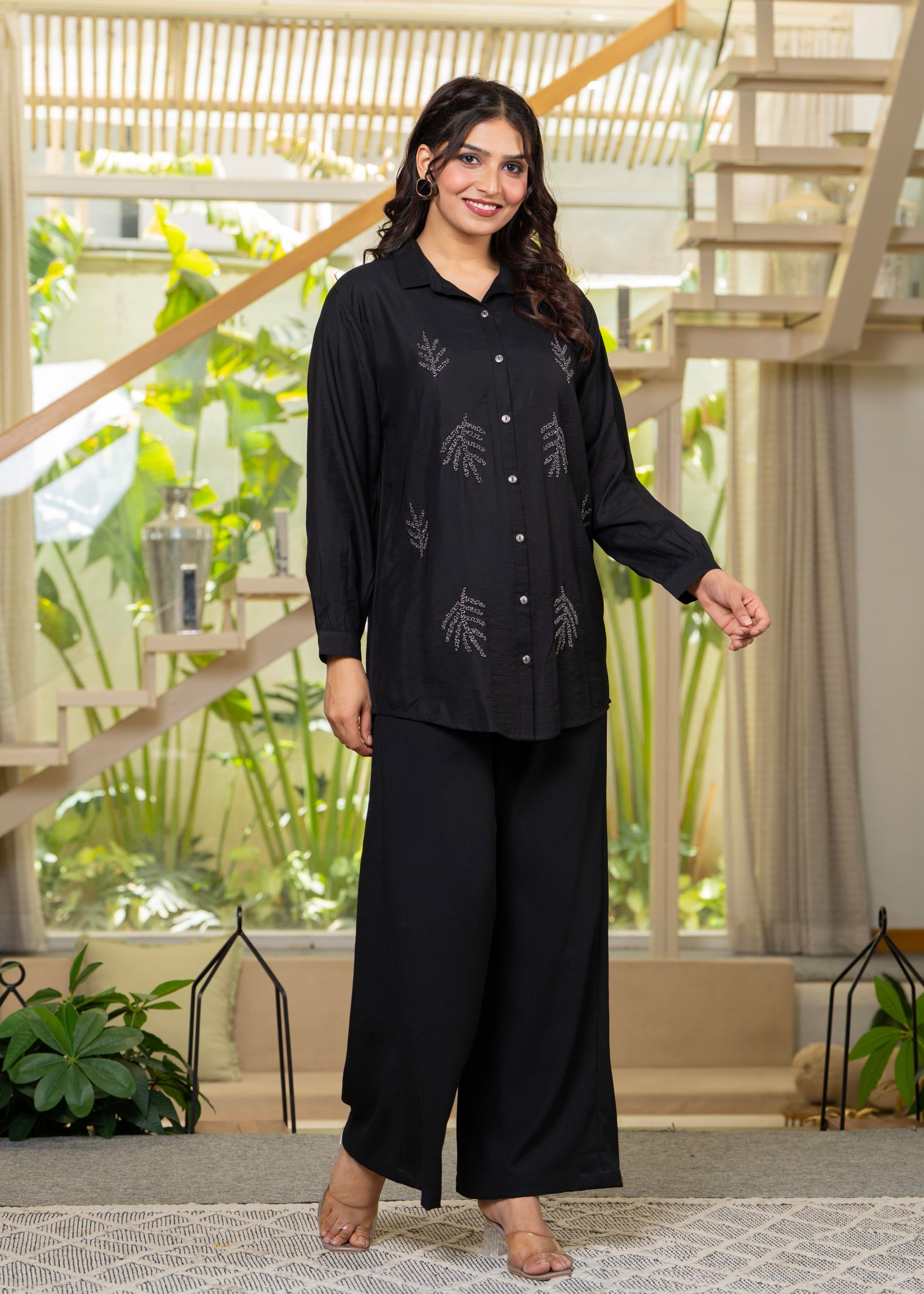 Black Solid Viscose Shirt with Beads Work