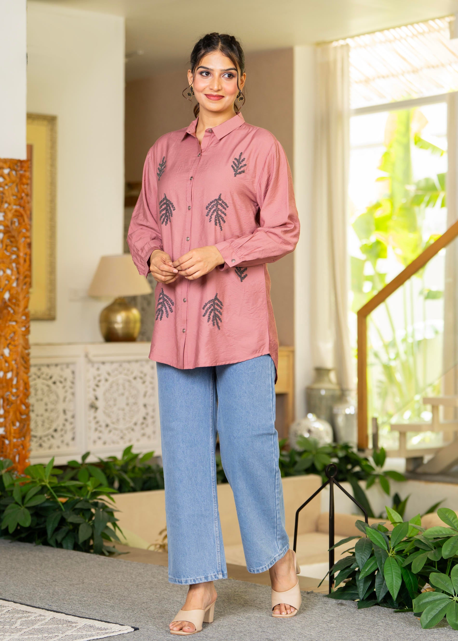 Dusty Pink Solid Viscose Shirt with Beads Work