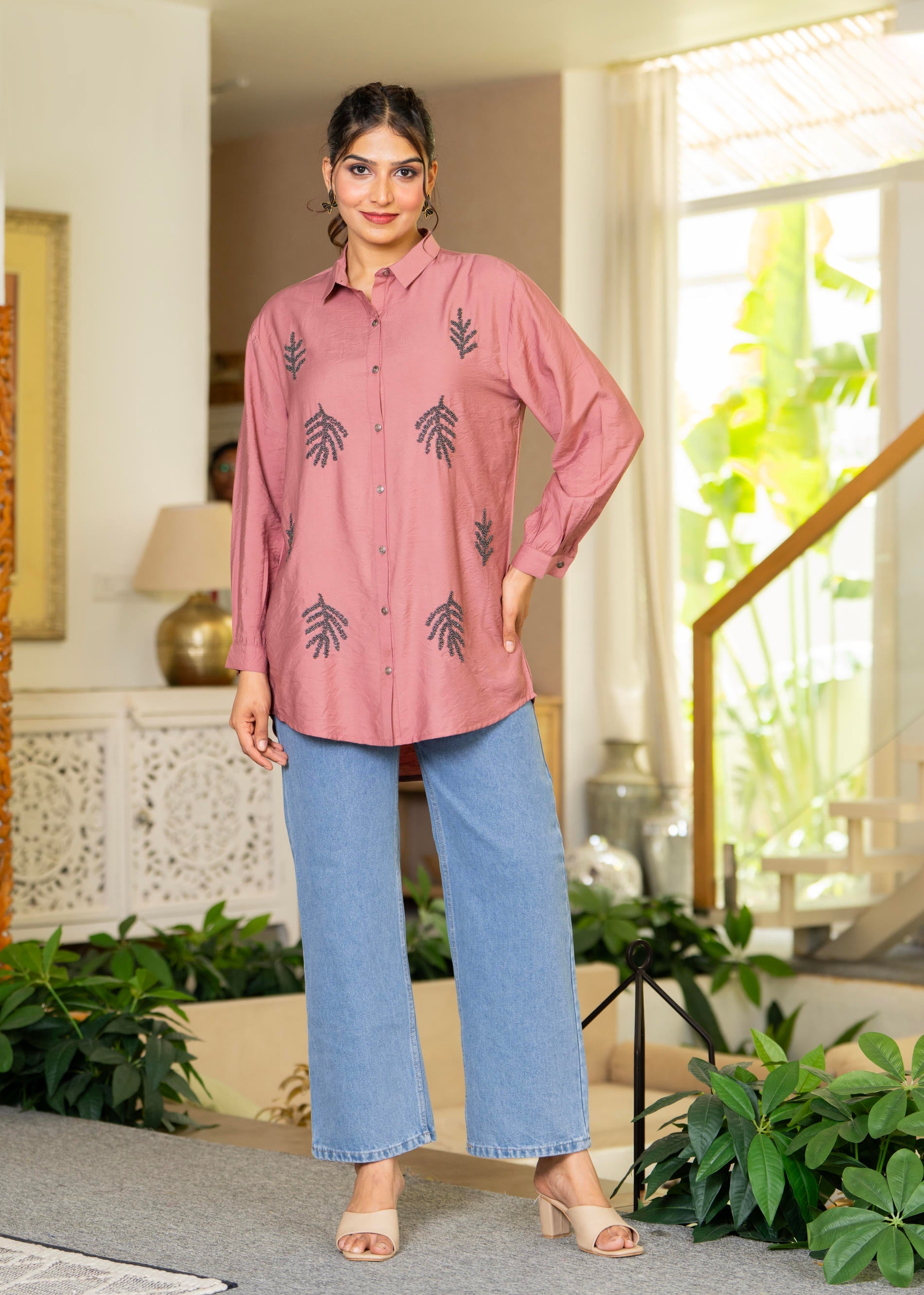 Dusty Pink Solid Viscose Shirt with Beads Work