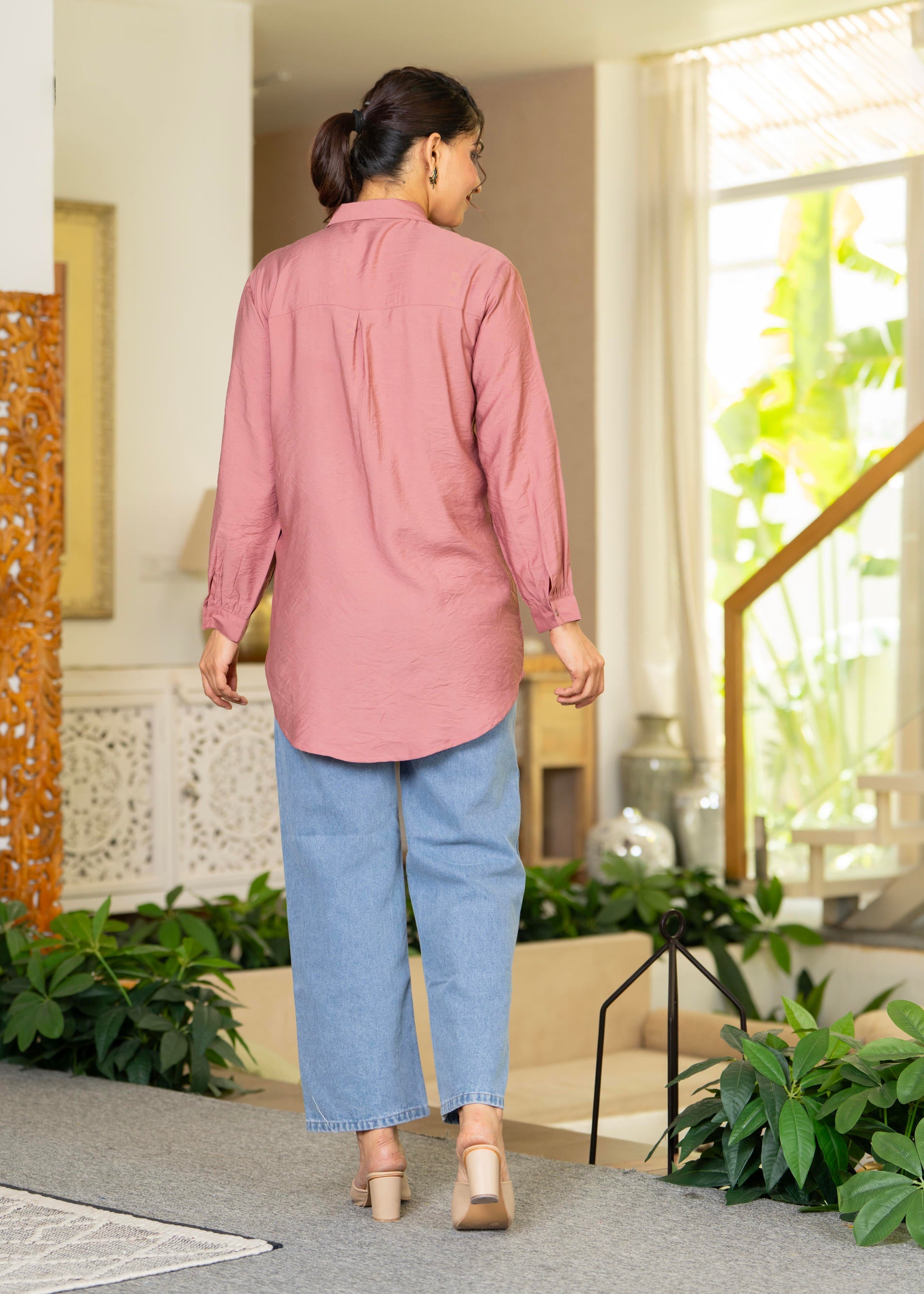 Dusty Pink Solid Viscose Shirt with Beads Work