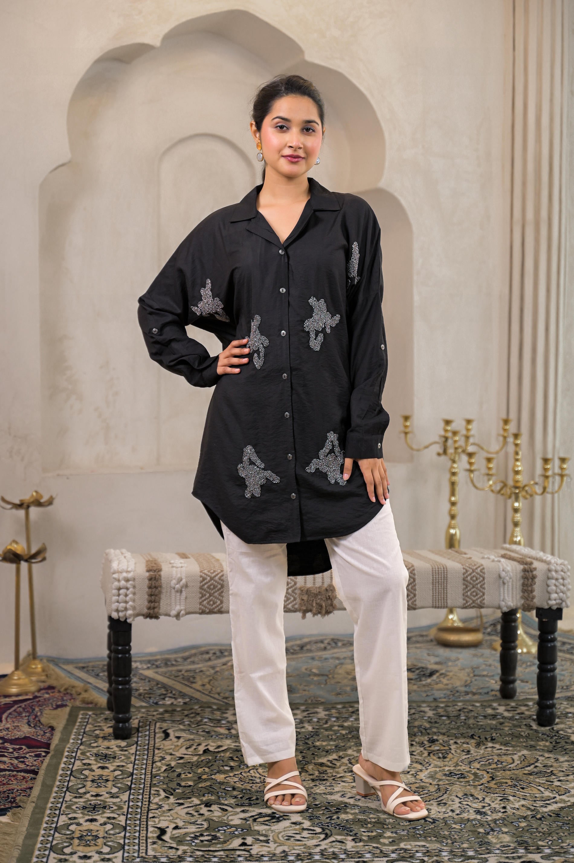 Black Solid Viscose Shirt with Beads Work