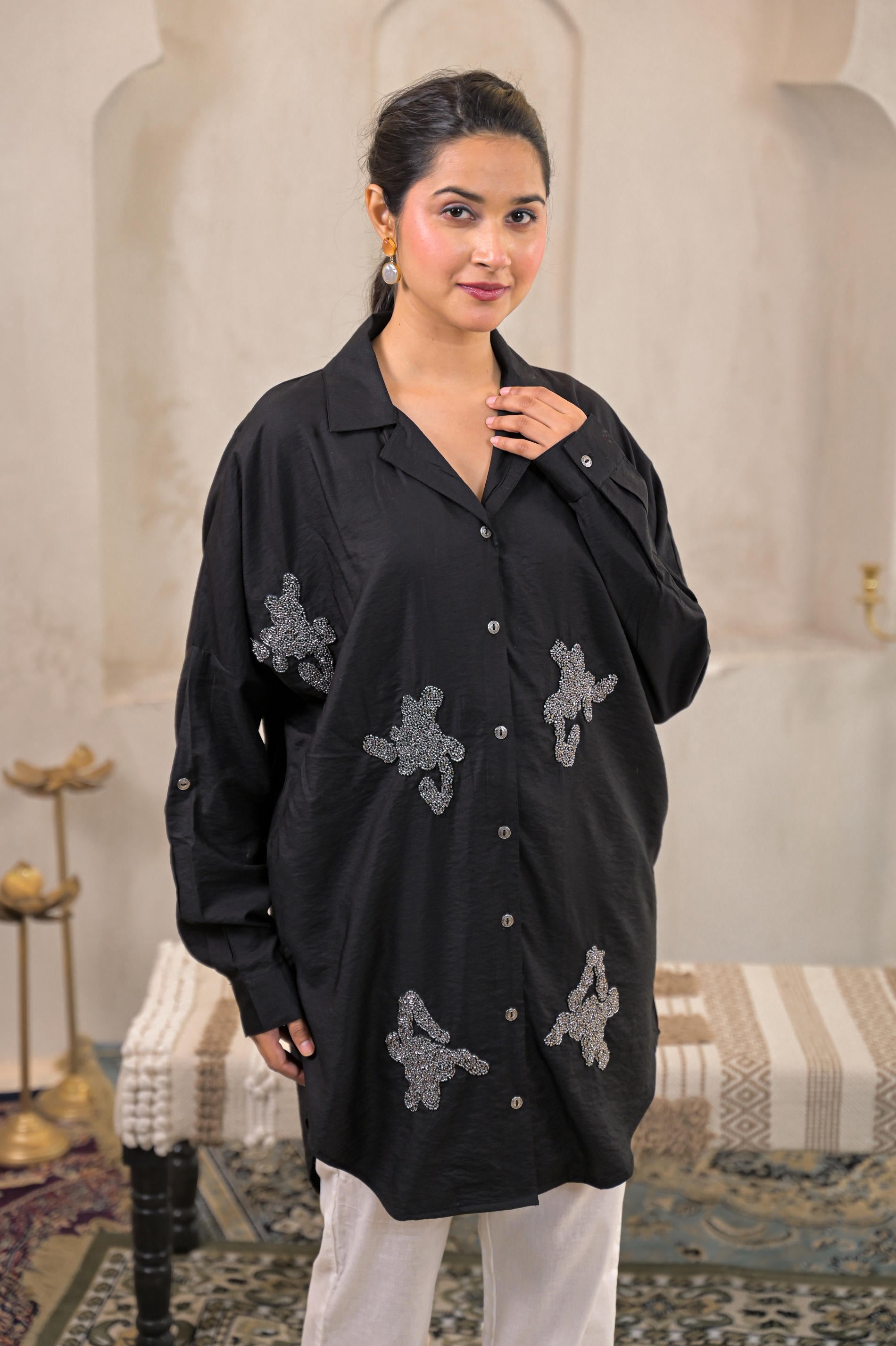 Black Solid Viscose Shirt with Beads Work