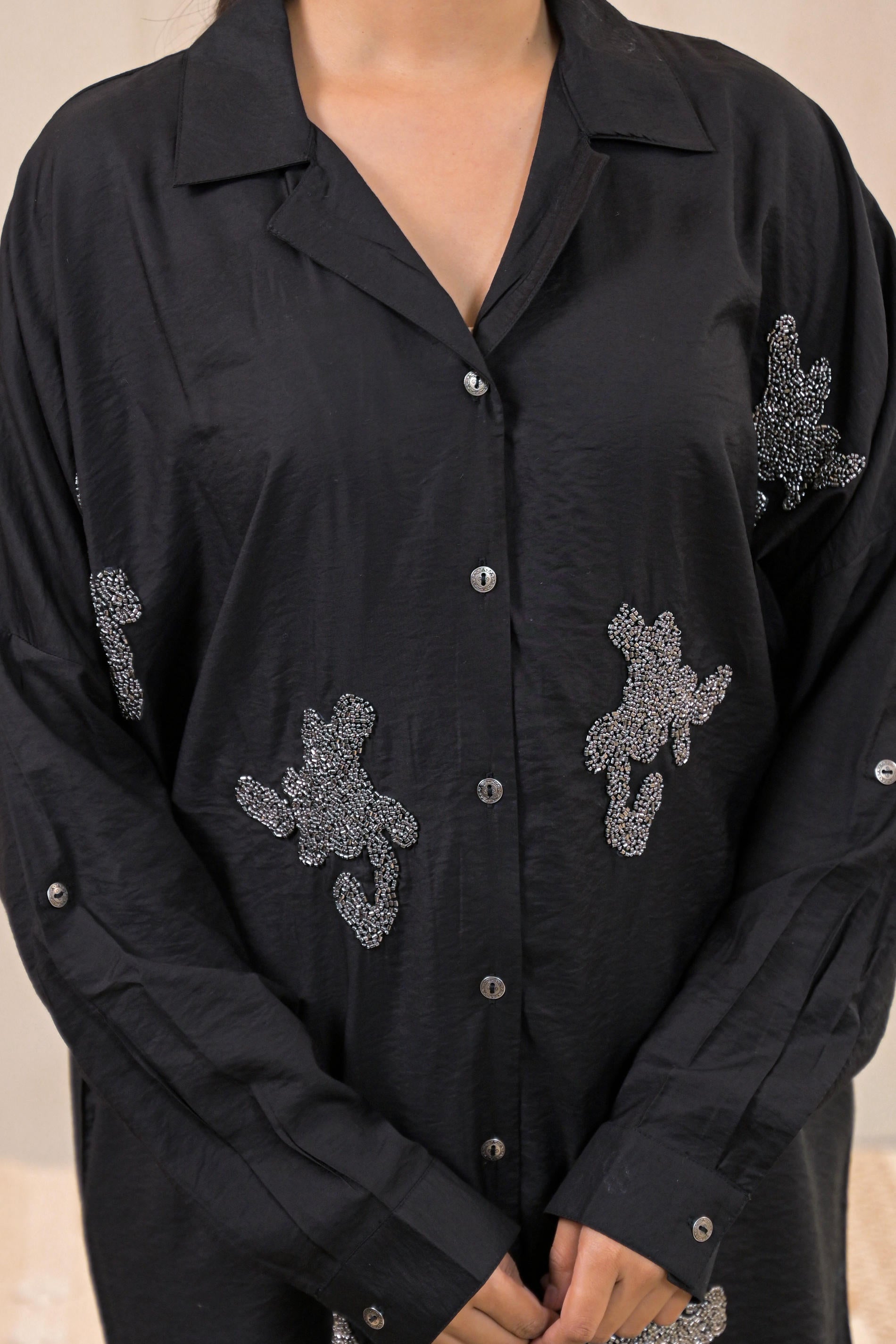 Black Solid Viscose Shirt with Beads Work