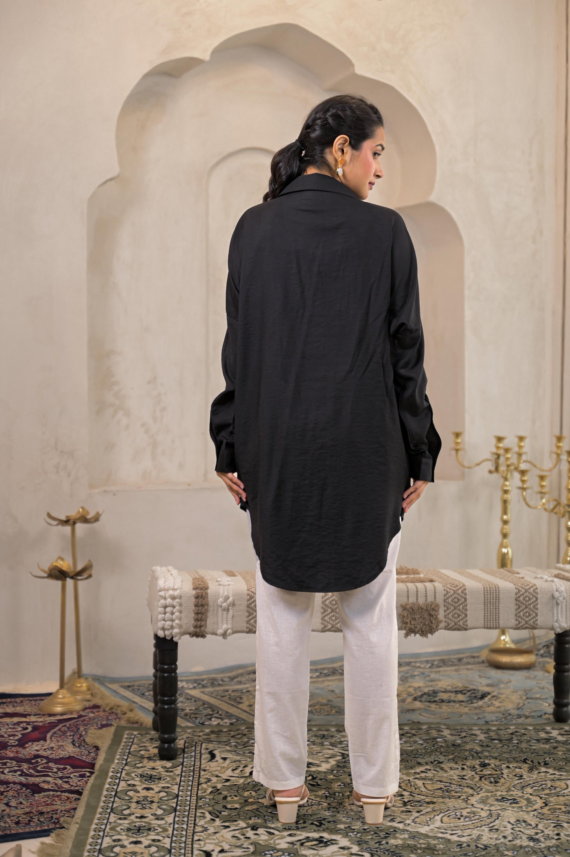 Black Solid Viscose Shirt with Beads Work