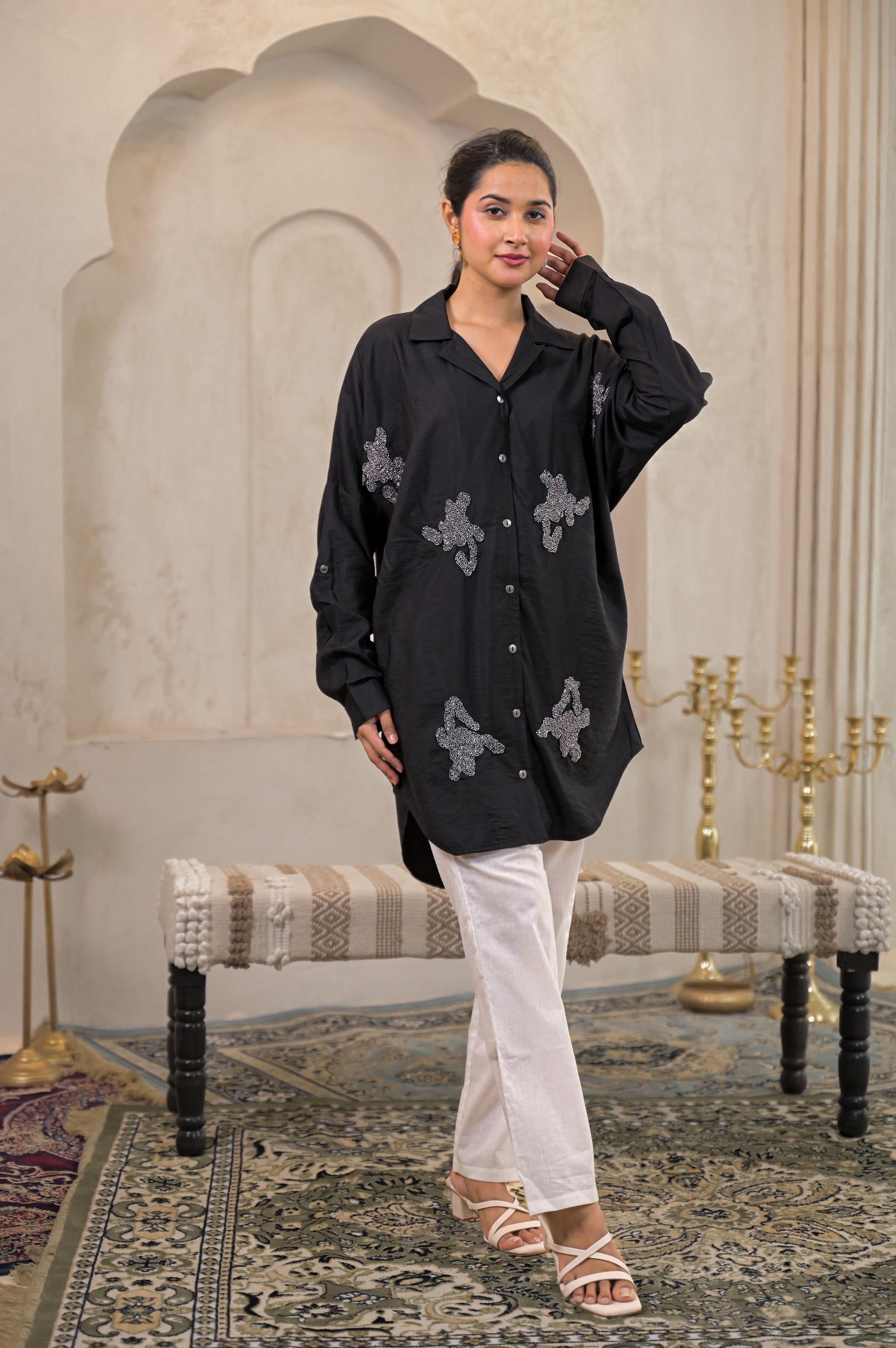 Black Solid Viscose Shirt with Beads Work