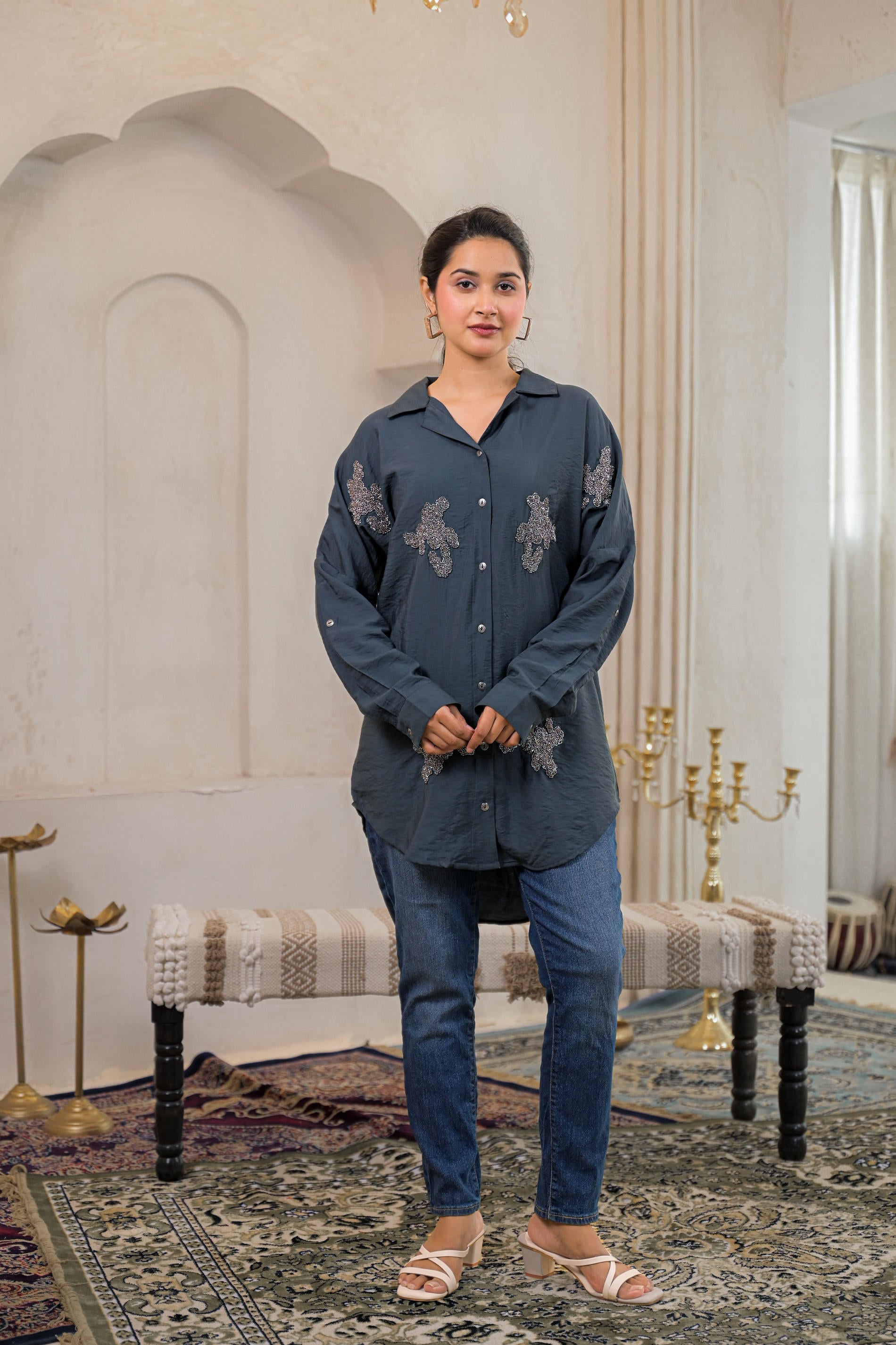 Grey Solid Viscose Shirt with Beads Work