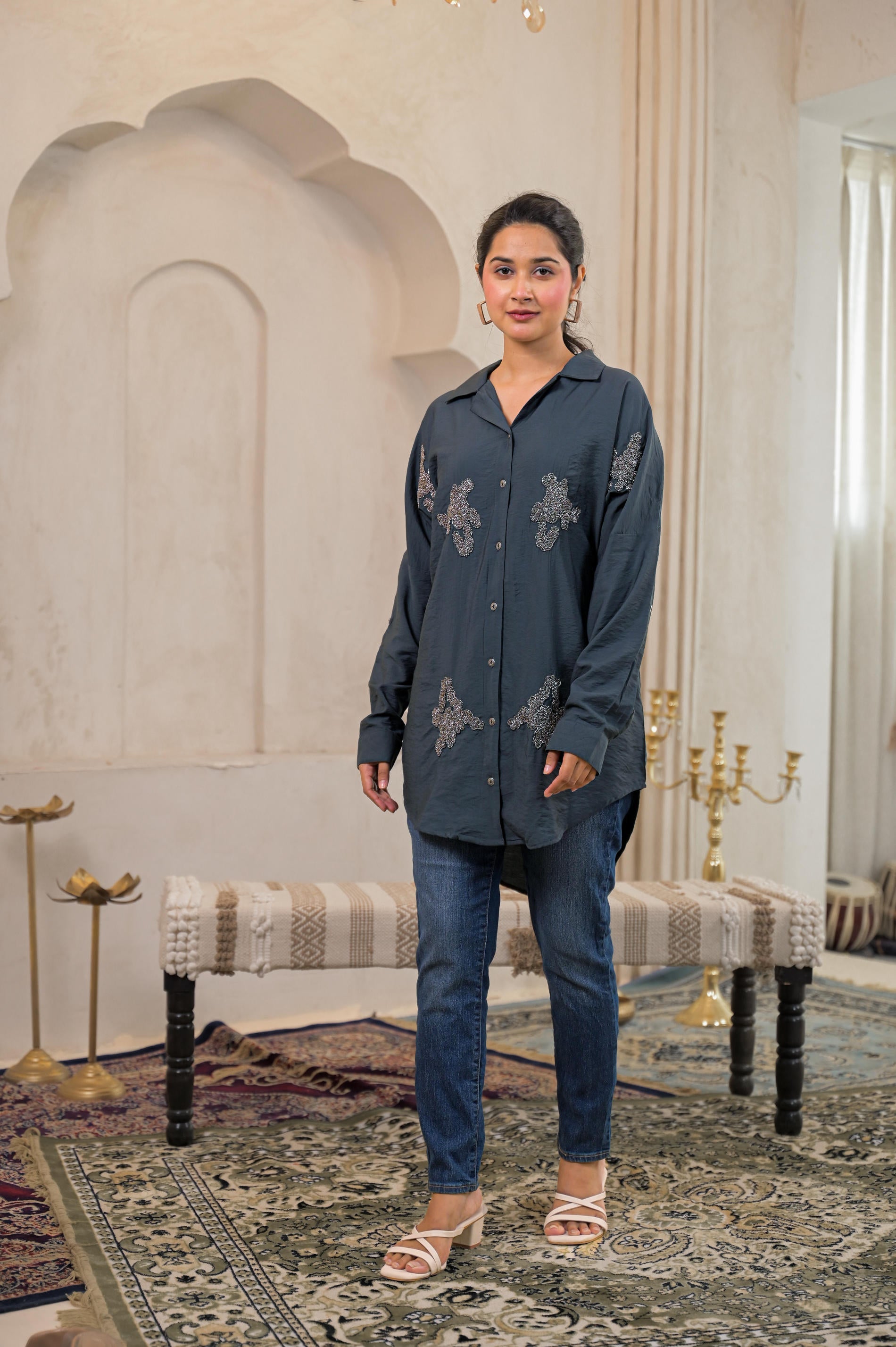 Grey Solid Viscose Shirt with Beads Work