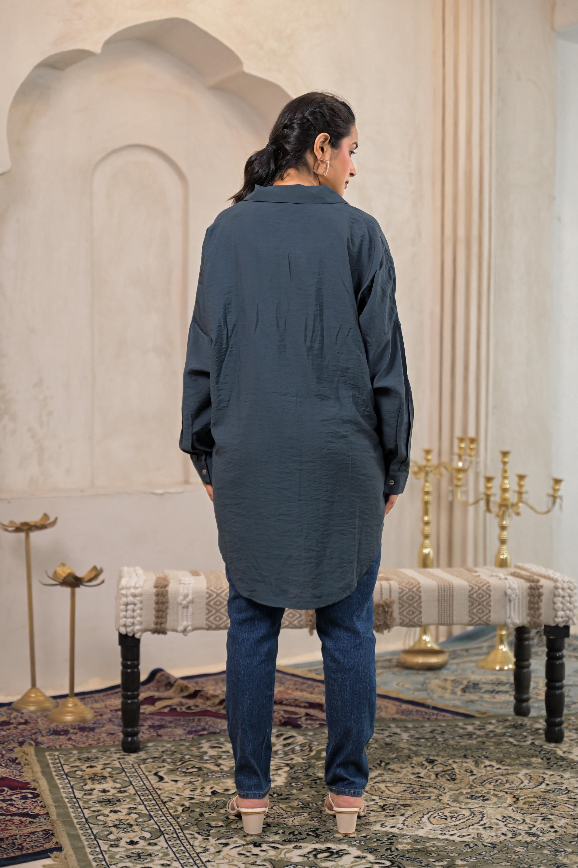 Grey Solid Viscose Shirt with Beads Work