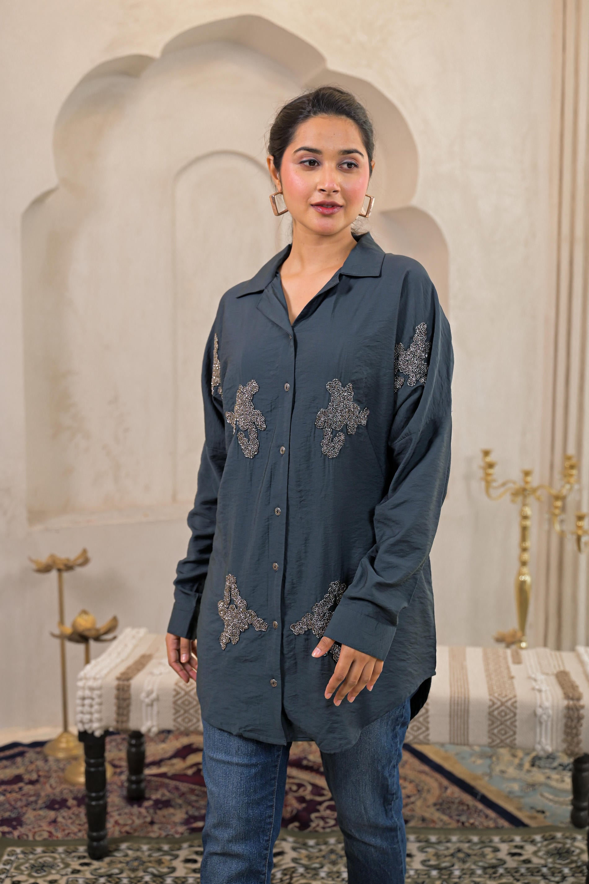 Grey Solid Viscose Shirt with Beads Work
