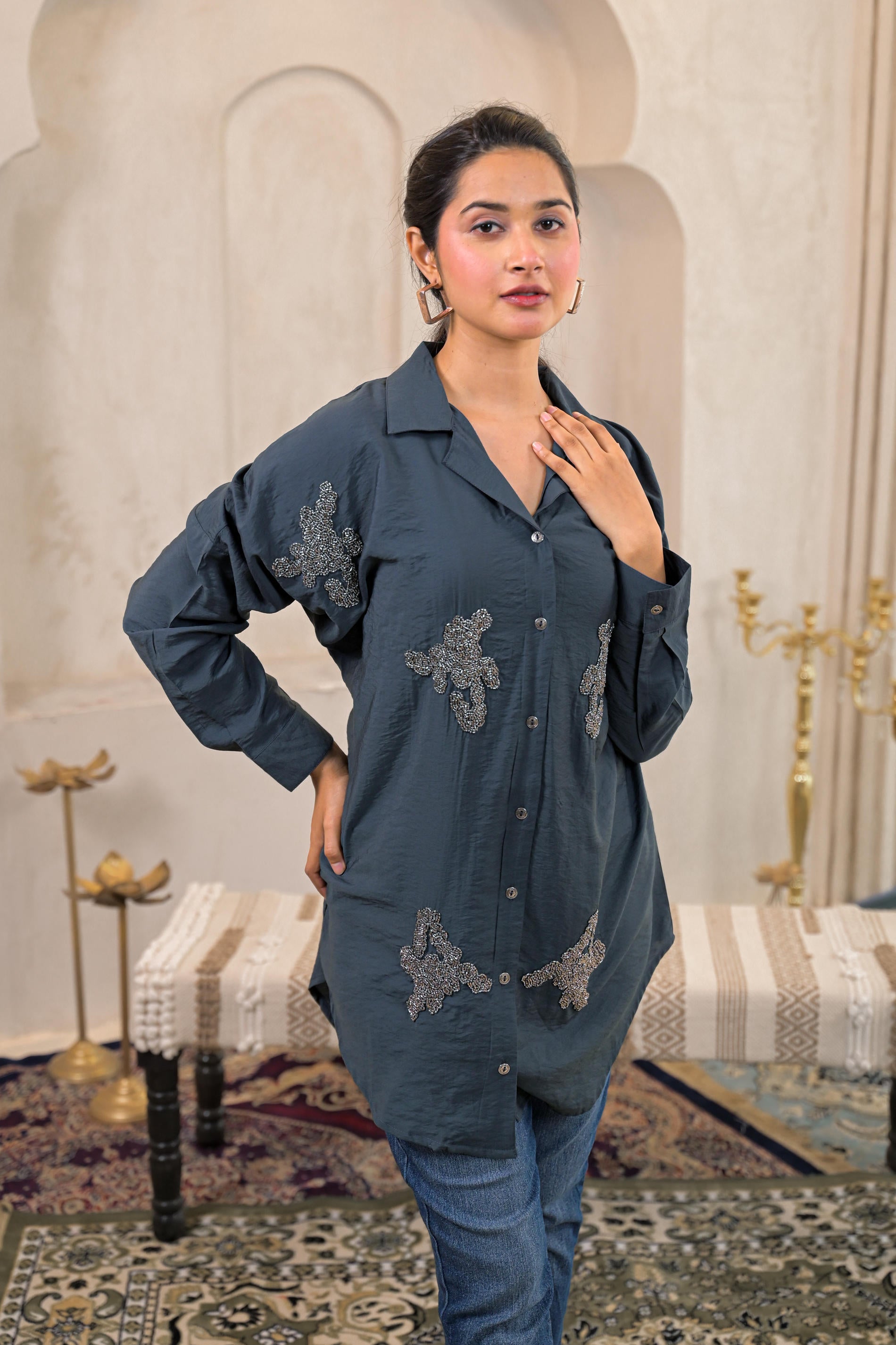Grey Solid Viscose Shirt with Beads Work