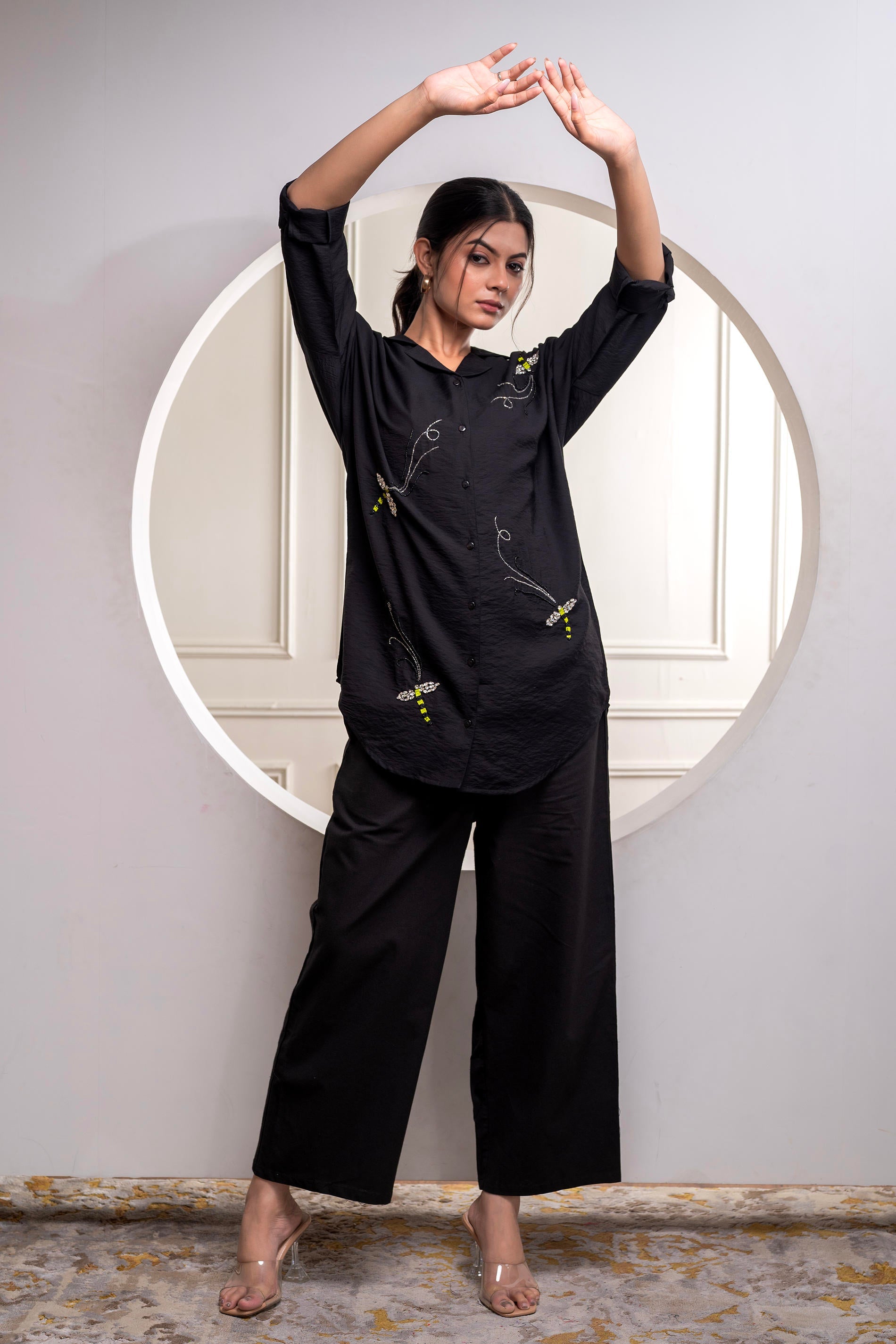 Black Solid Viscose Shirt with Beads Work