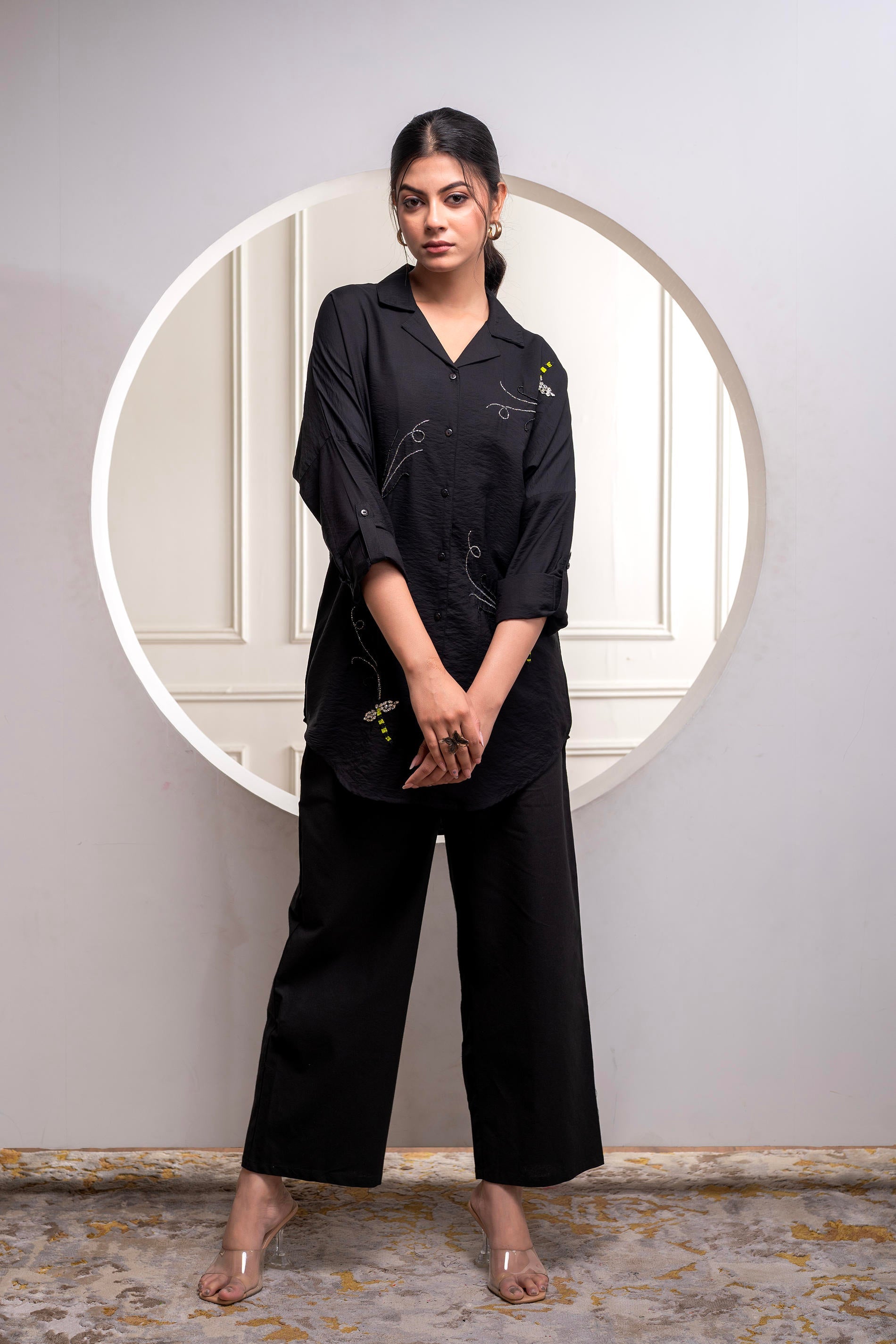 Black Solid Viscose Shirt with Beads Work