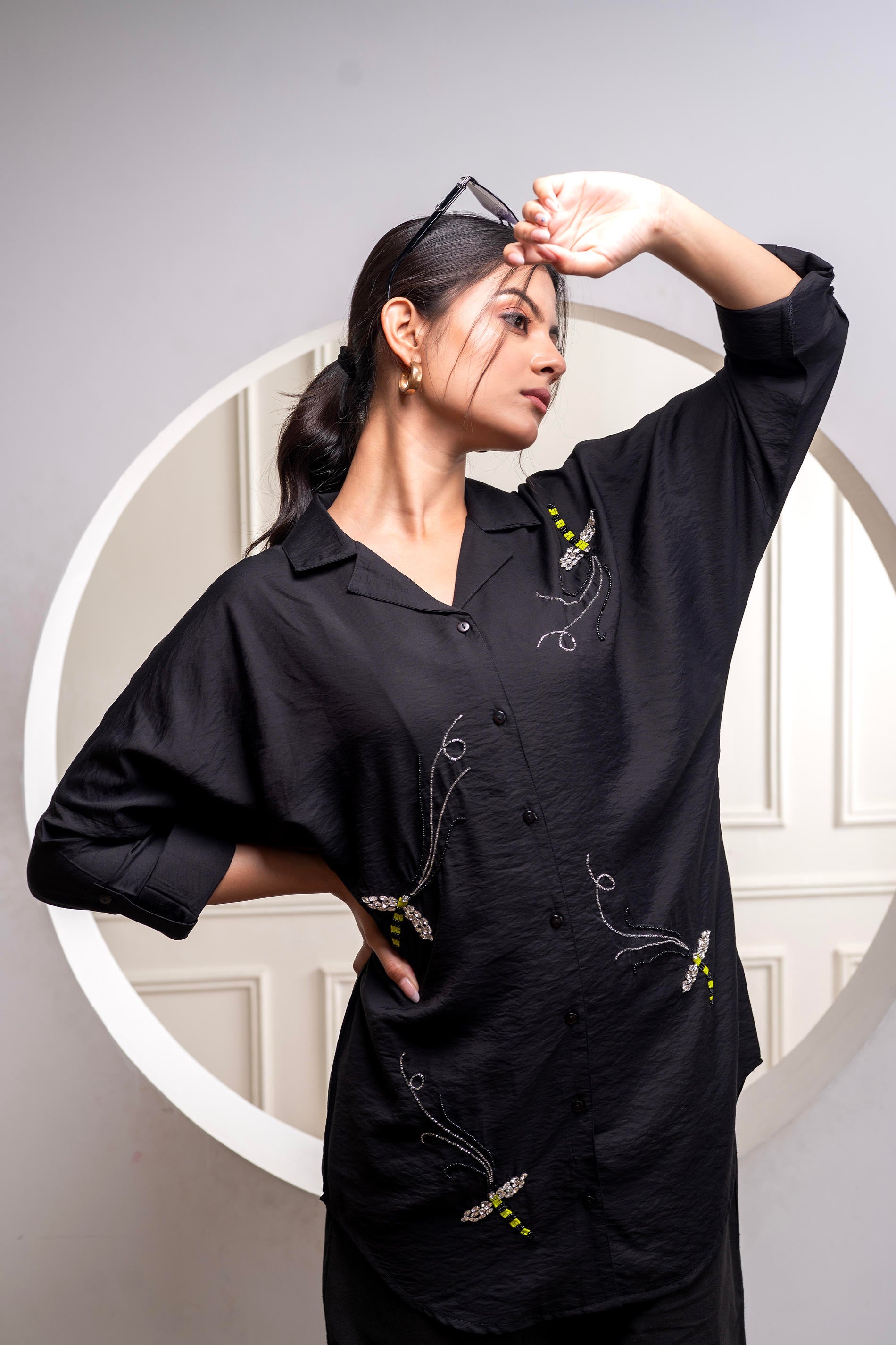 Black Solid Viscose Shirt with Beads Work