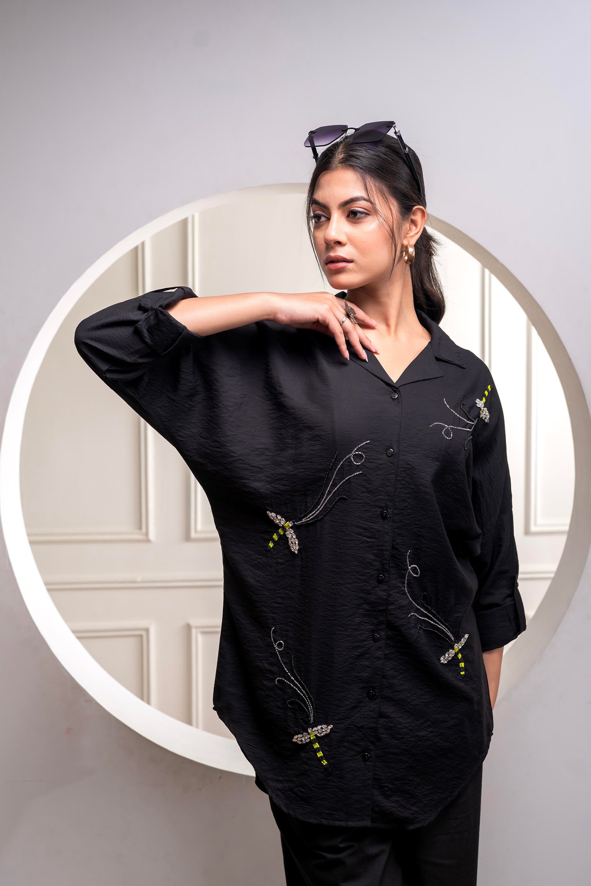 Black Solid Viscose Shirt with Beads Work