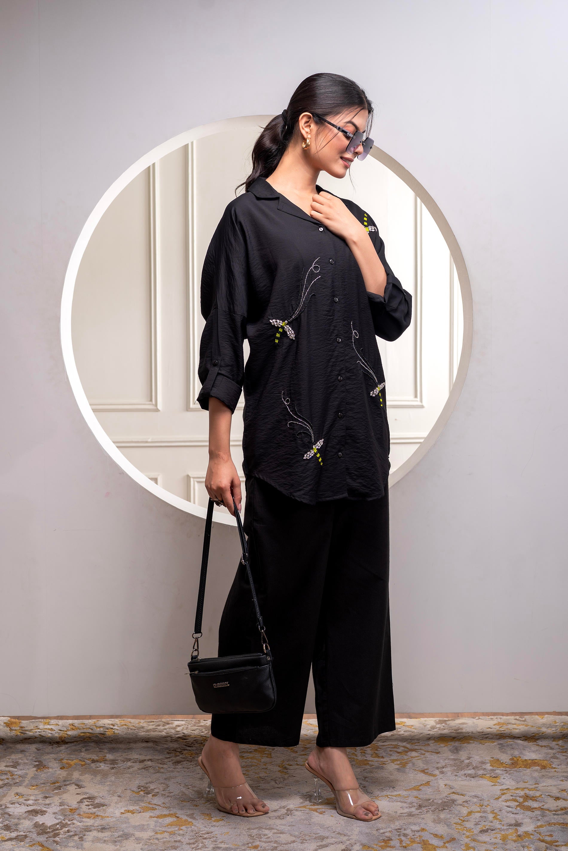 Black Solid Viscose Shirt with Beads Work