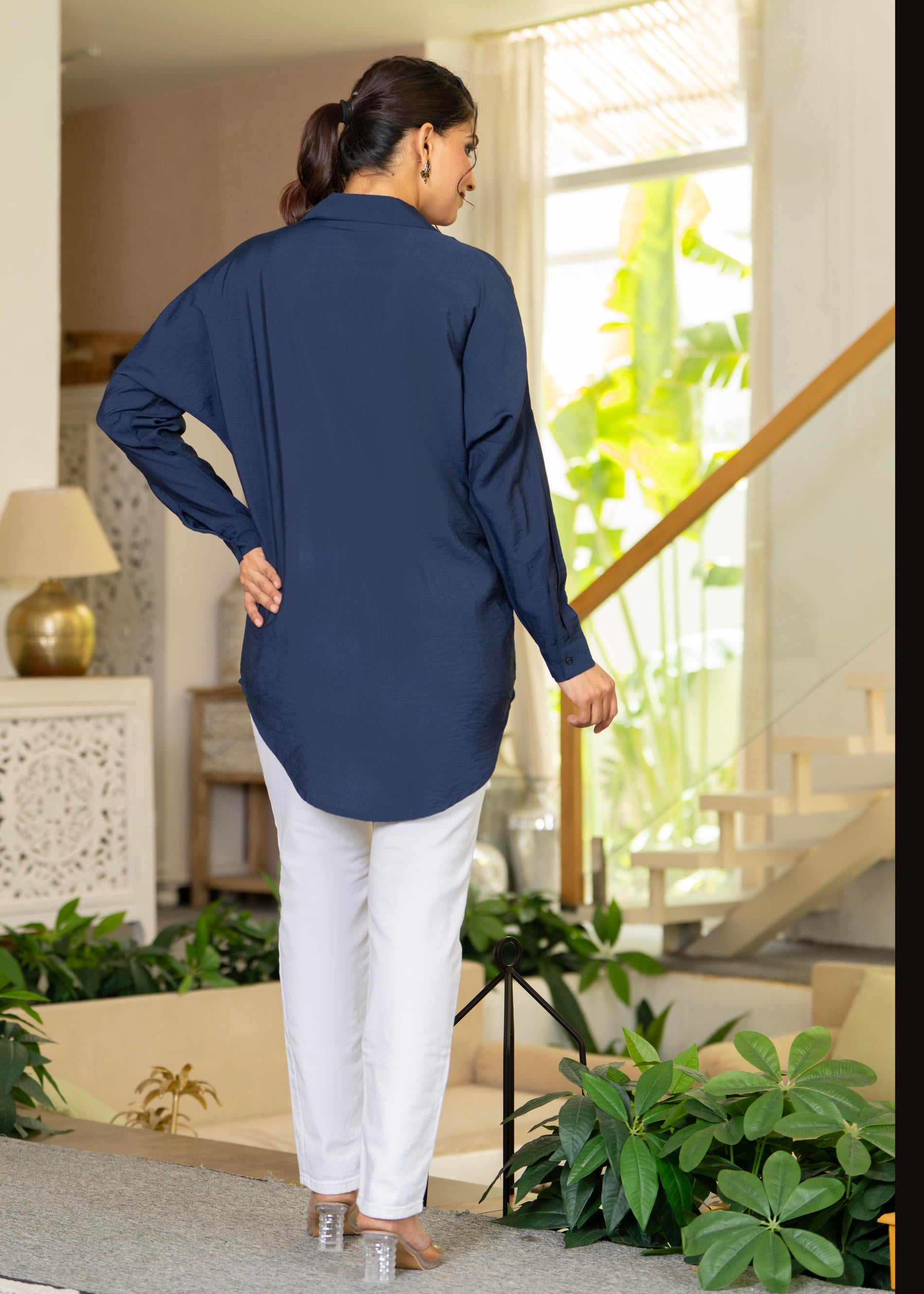 Navy Solid Viscose Shirt with Beads Work