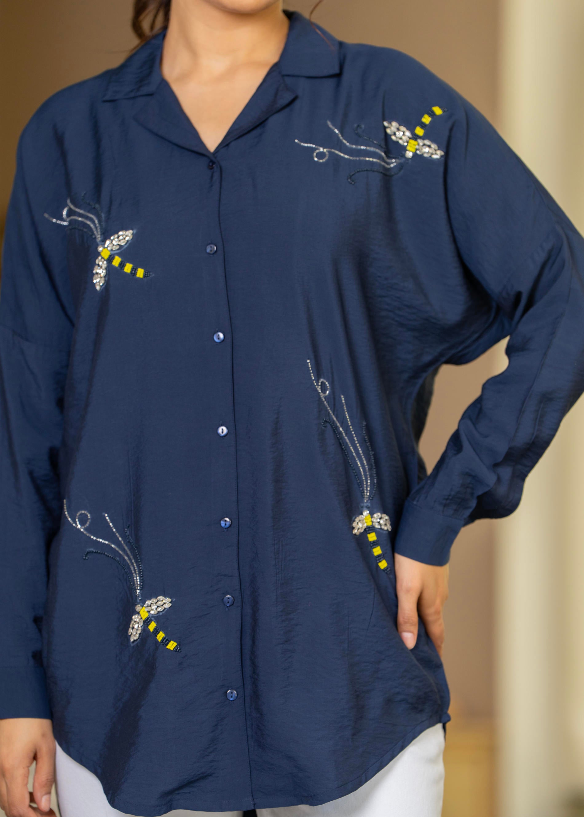 Navy Solid Viscose Shirt with Beads Work
